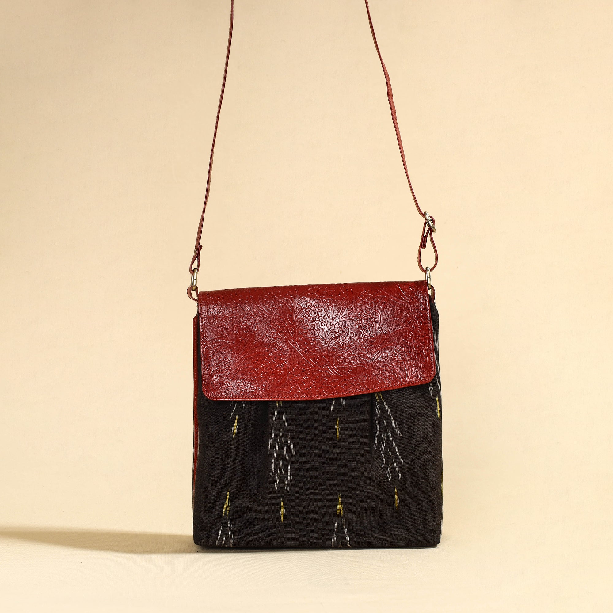 ASALKAAR Brown - Handcrafted Ikat Fabric Sling Bag with Embossed Leather Flap