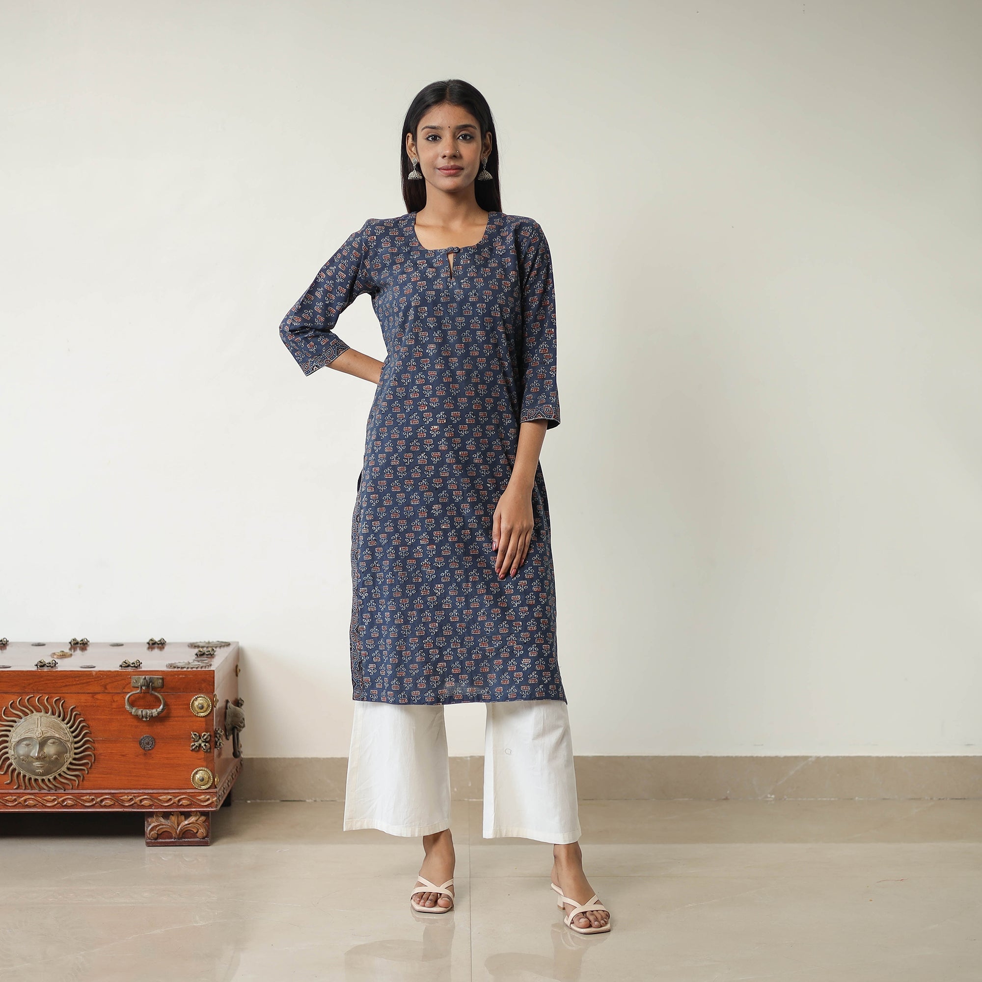 ITOKRI CASUALS Blue - Block Printed Cotton Straight Ajrakh Kurta 08 - view 2