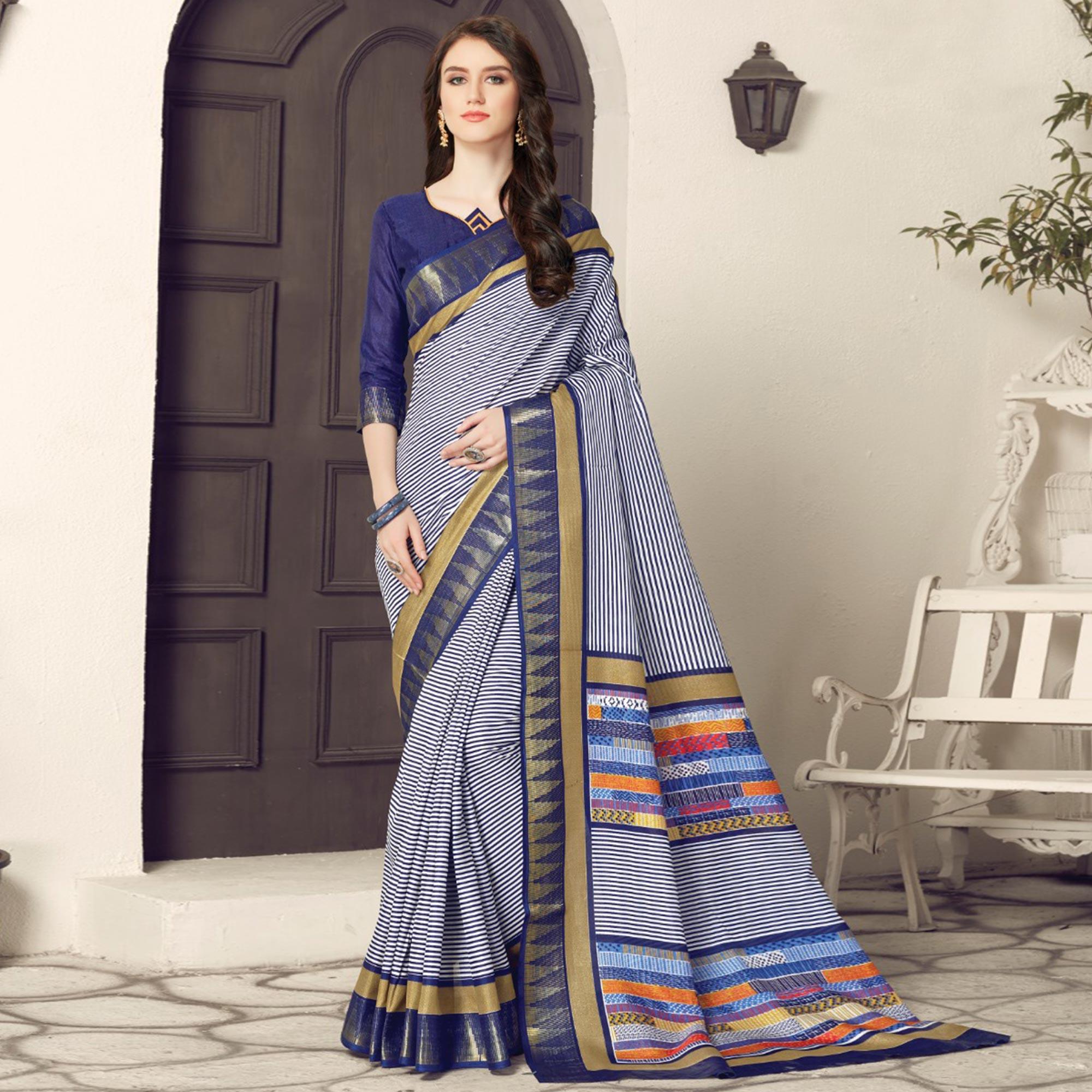 Peachmode Intricate White-Navy Blue Colored Casual Printed Bhagalpuri Silk Saree