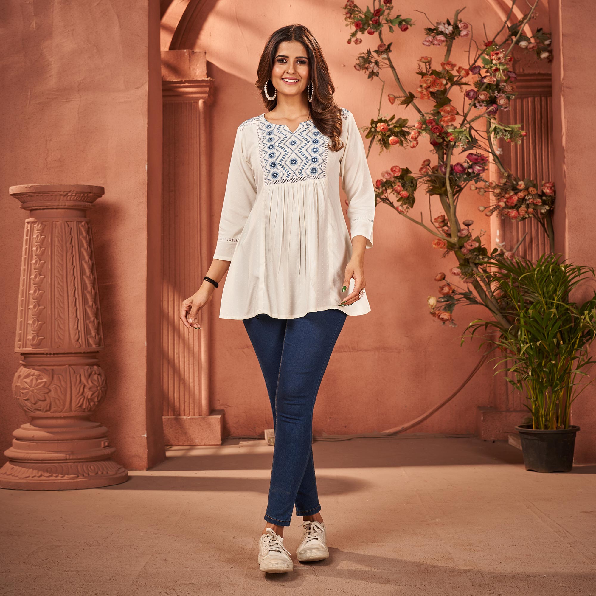 Peachmode Seller Cream Floral Embroidered Rayon Kurti - view 2