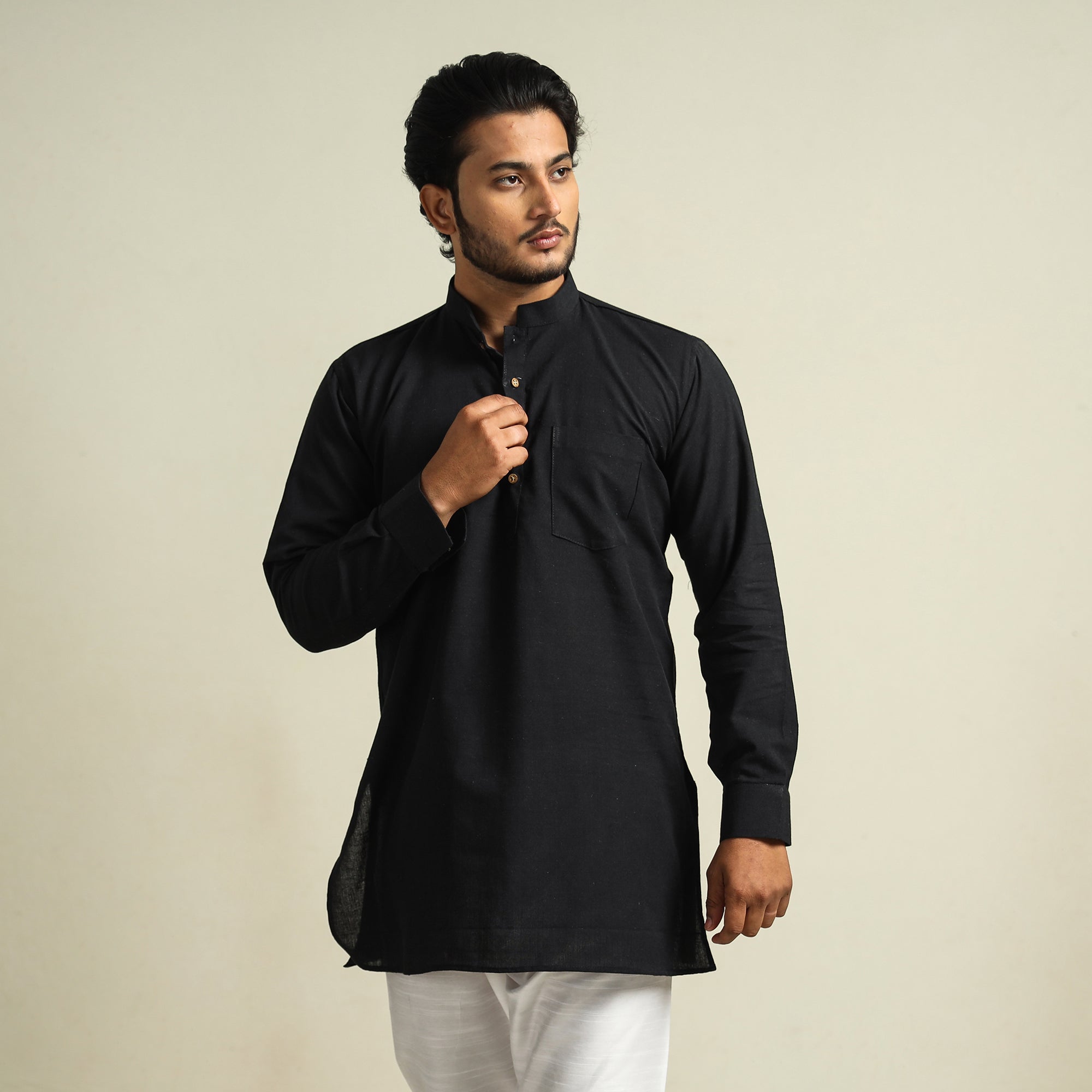 ITOKRI CASUALS Black - Plain Handloom Cotton Men Short Kurta - view 2