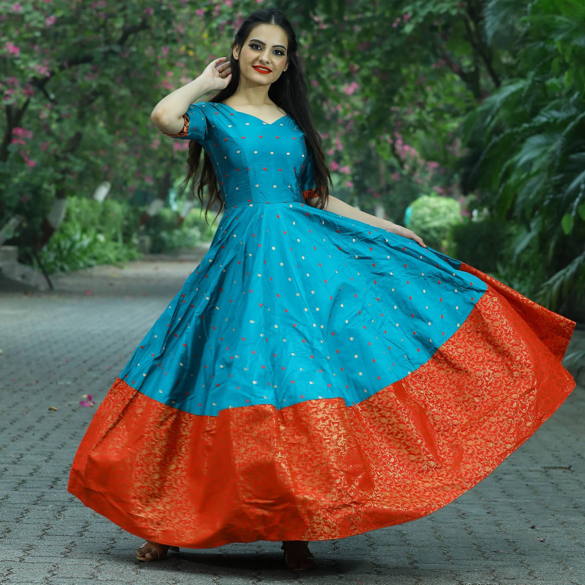 Peachmode Seller Energetic Teal Green Colored Partywear Tapetta Jacquard Gown