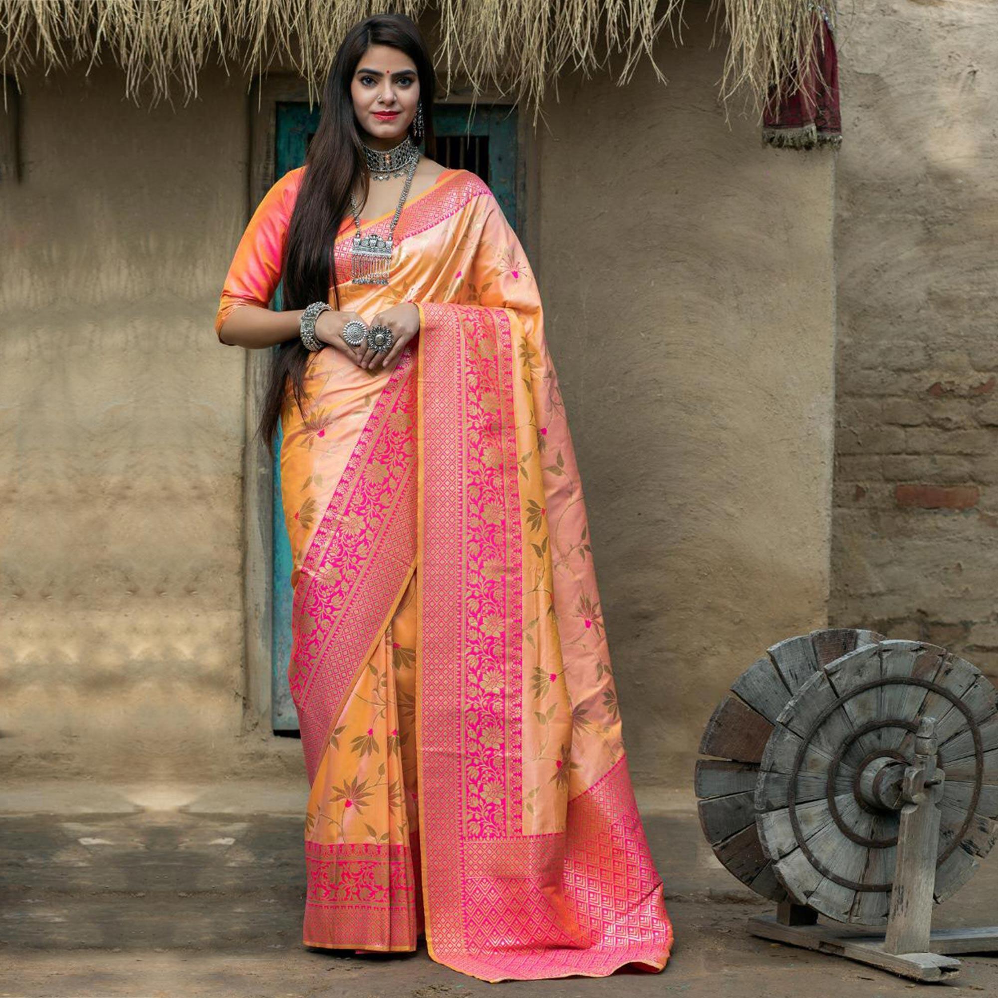 Peachmode Elegant Light Orange Colored Festive Wear Woven Banarasi Silk Saree