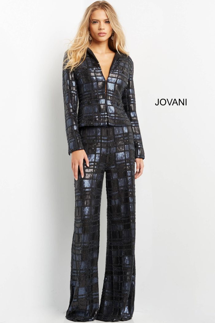 Jovani 07167 Sequin Long Formal Pant Suit – NavyBlack