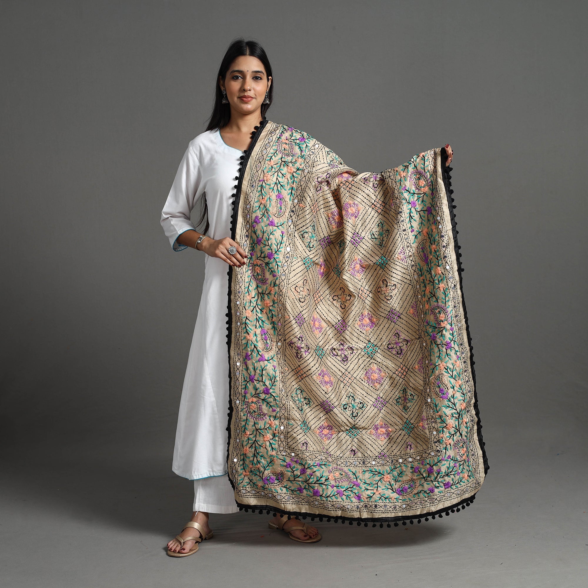 ITOKRI CRAFTS INITIATIVE Beige - Hand Embroidery Chanderi Silk Phulkari Dupatta 44