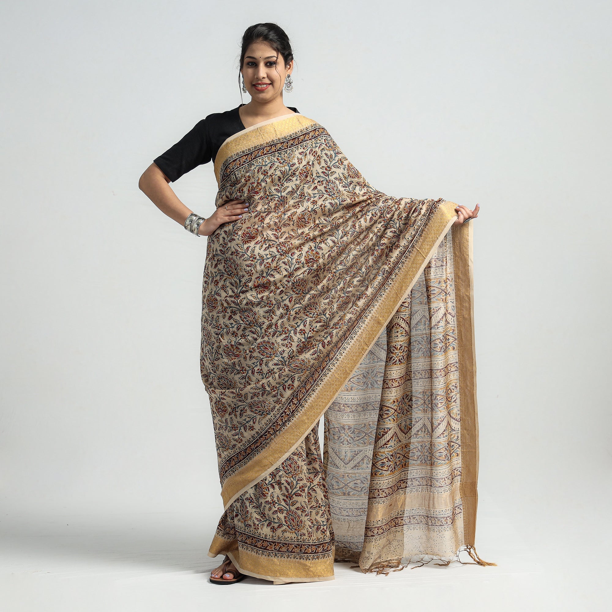 VENKATA BHANU KALAMKARI PEDANA Brown - Original Pedana Kalamkari Block Print Silk Saree - view 2