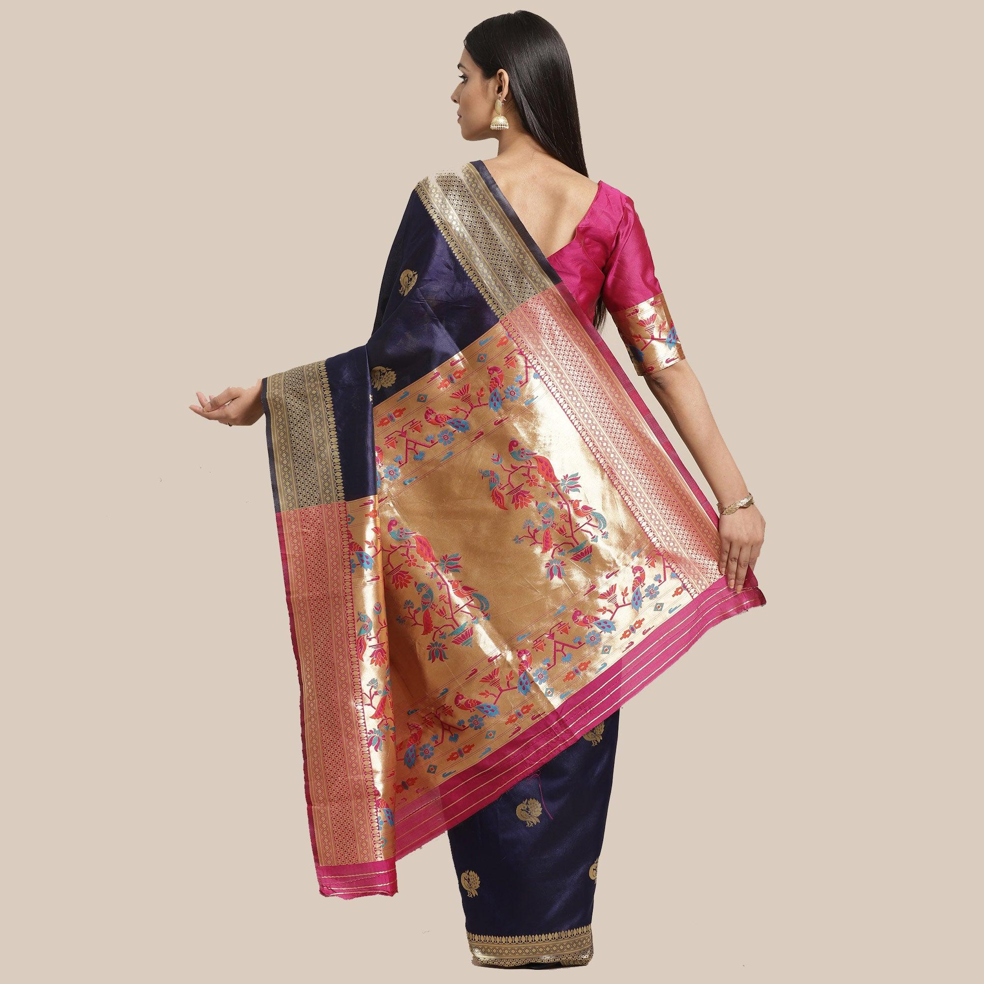 Peachmode Majesty Navy Blue Colored Festive Wear Woven Silk Blend Saree - view 2