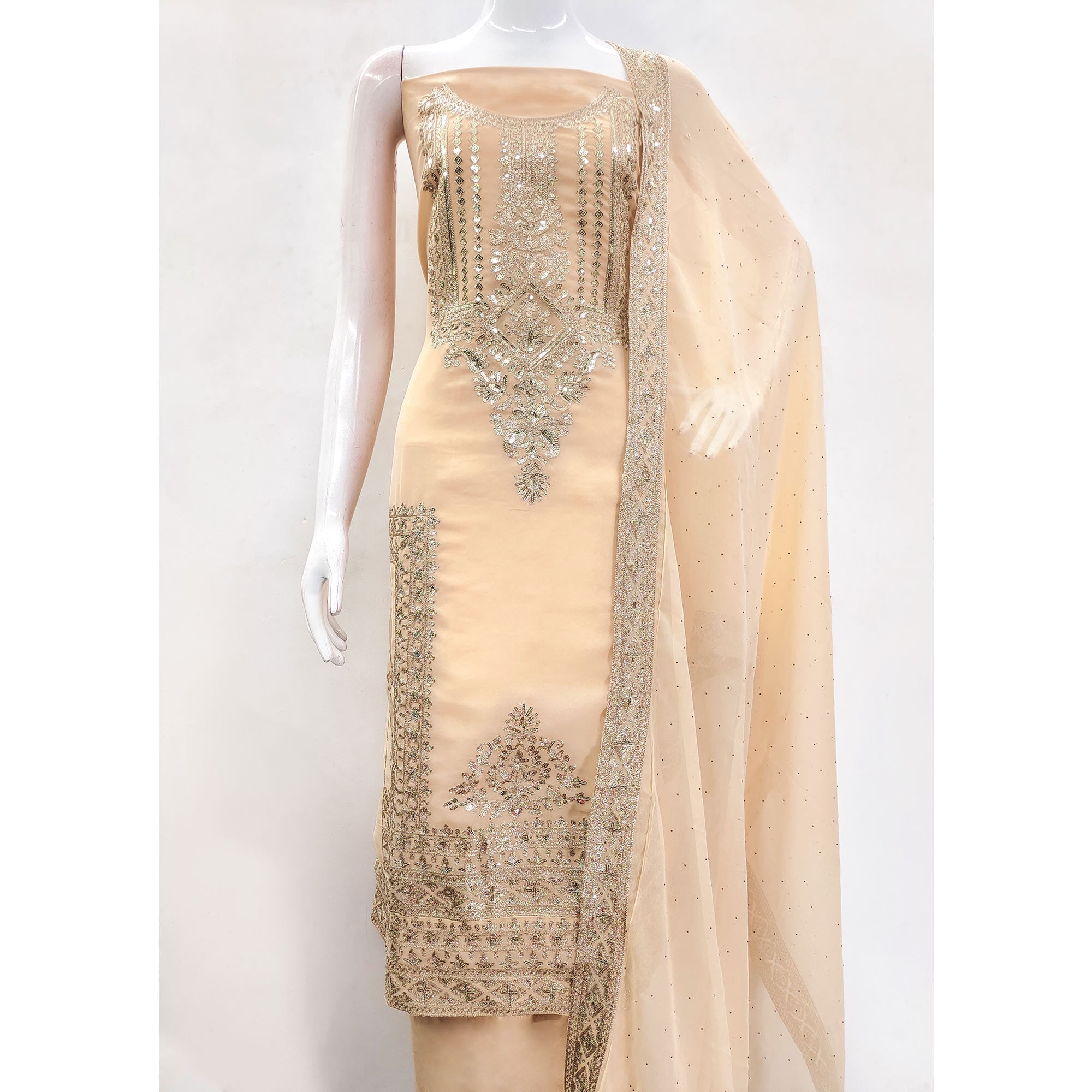 Peachmode Chikoo Floral Sequins Embroidered Georgette Dress Material - view 5
