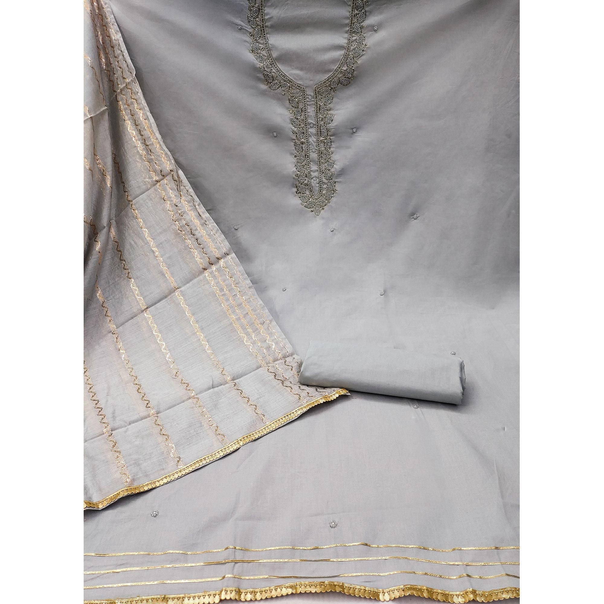 Peachmode Grey Zardosi Moti Work Pure Cotton Dress Material - view 3