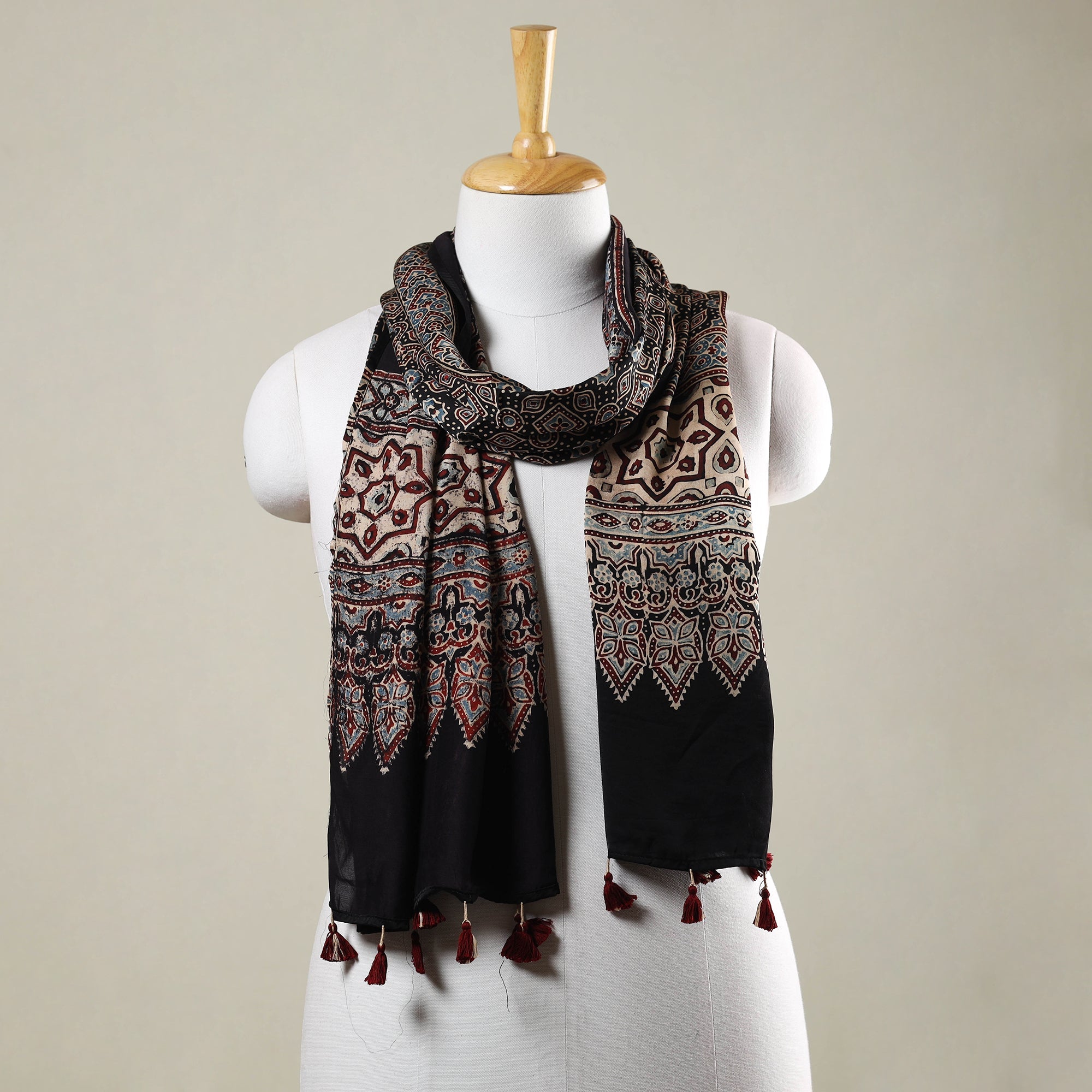RIYAZ ABDULMAJID KHATRI - AJRAKH Black - Ajrakh Hand Block Printed Modal Silk Stole with Tassels