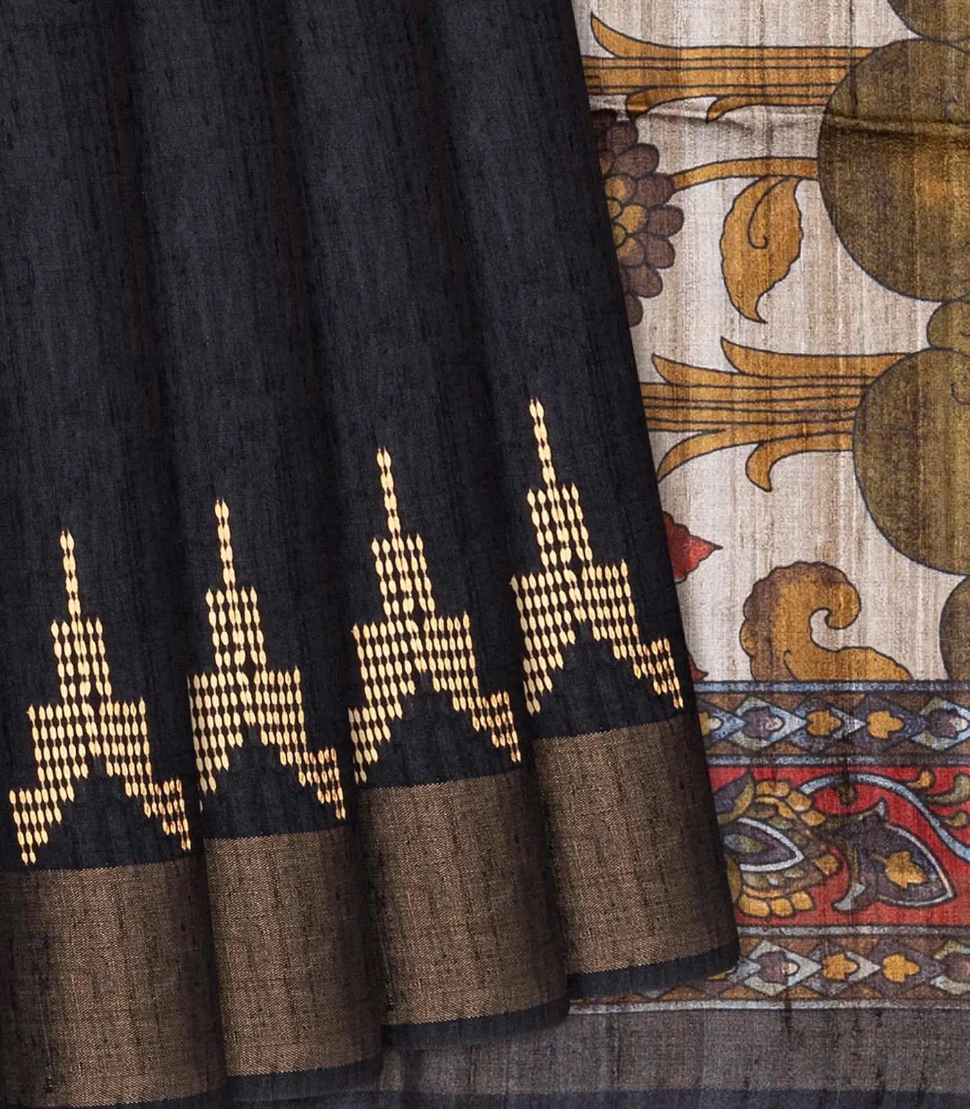 RmKV Black Handloom Plain Dupion Silk Saree With Printed Lord Krishna Motifs-Black