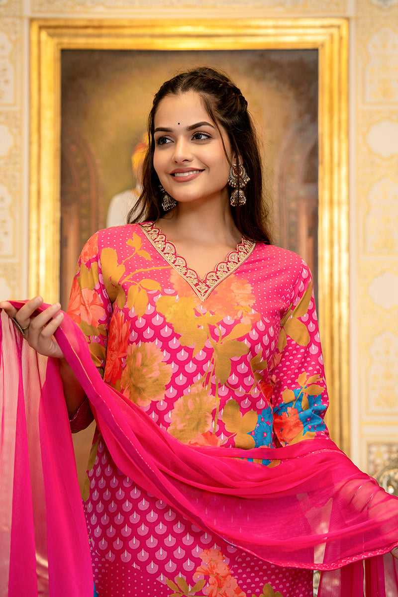 Ahika Pink Silk Blend Floral Printed Straight Suit Set With Trouser Bottom PKSKD2703
