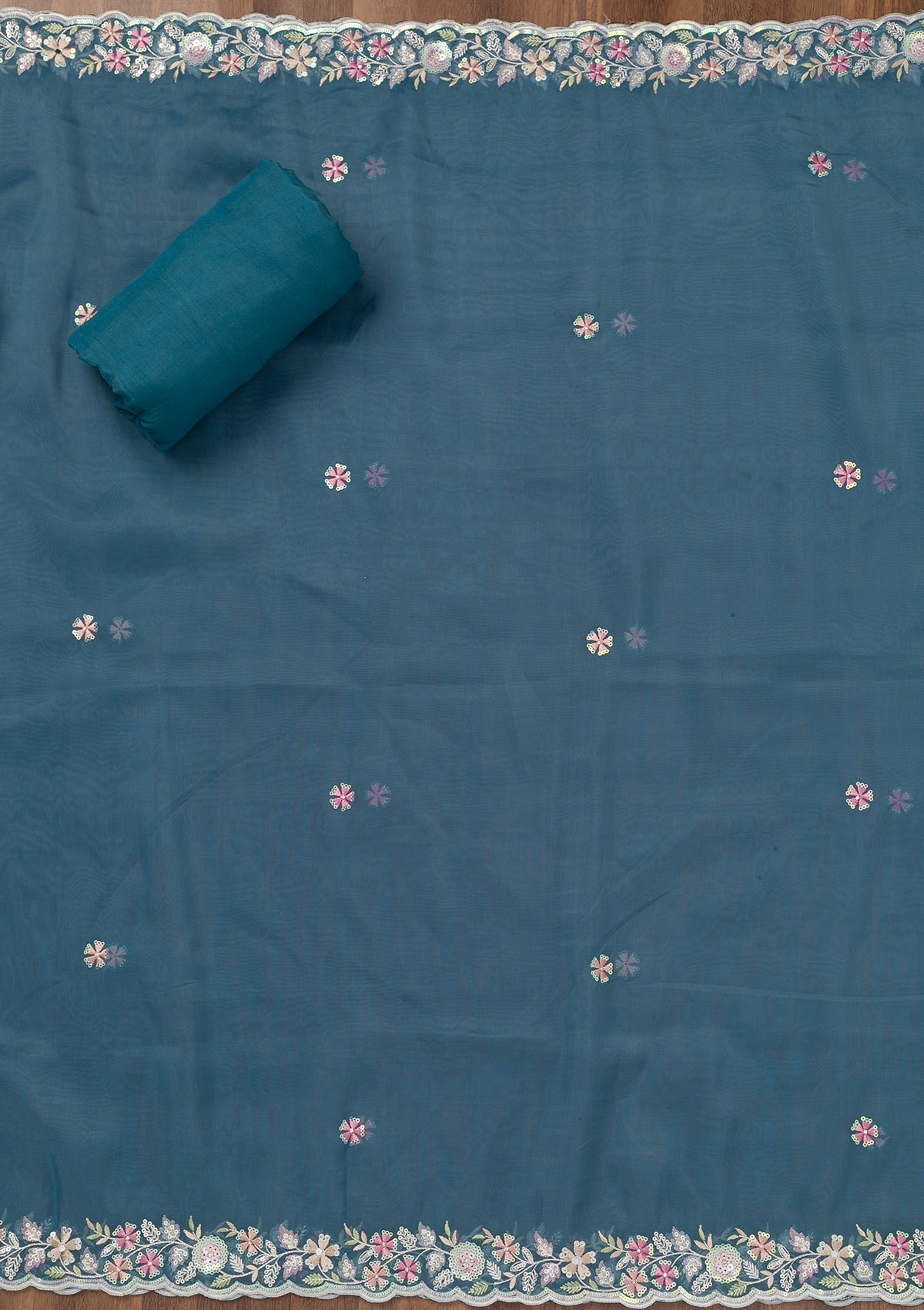 Koskii Peacock Blue Threadwork Tissue Unstitched Salwar Suit - view 6