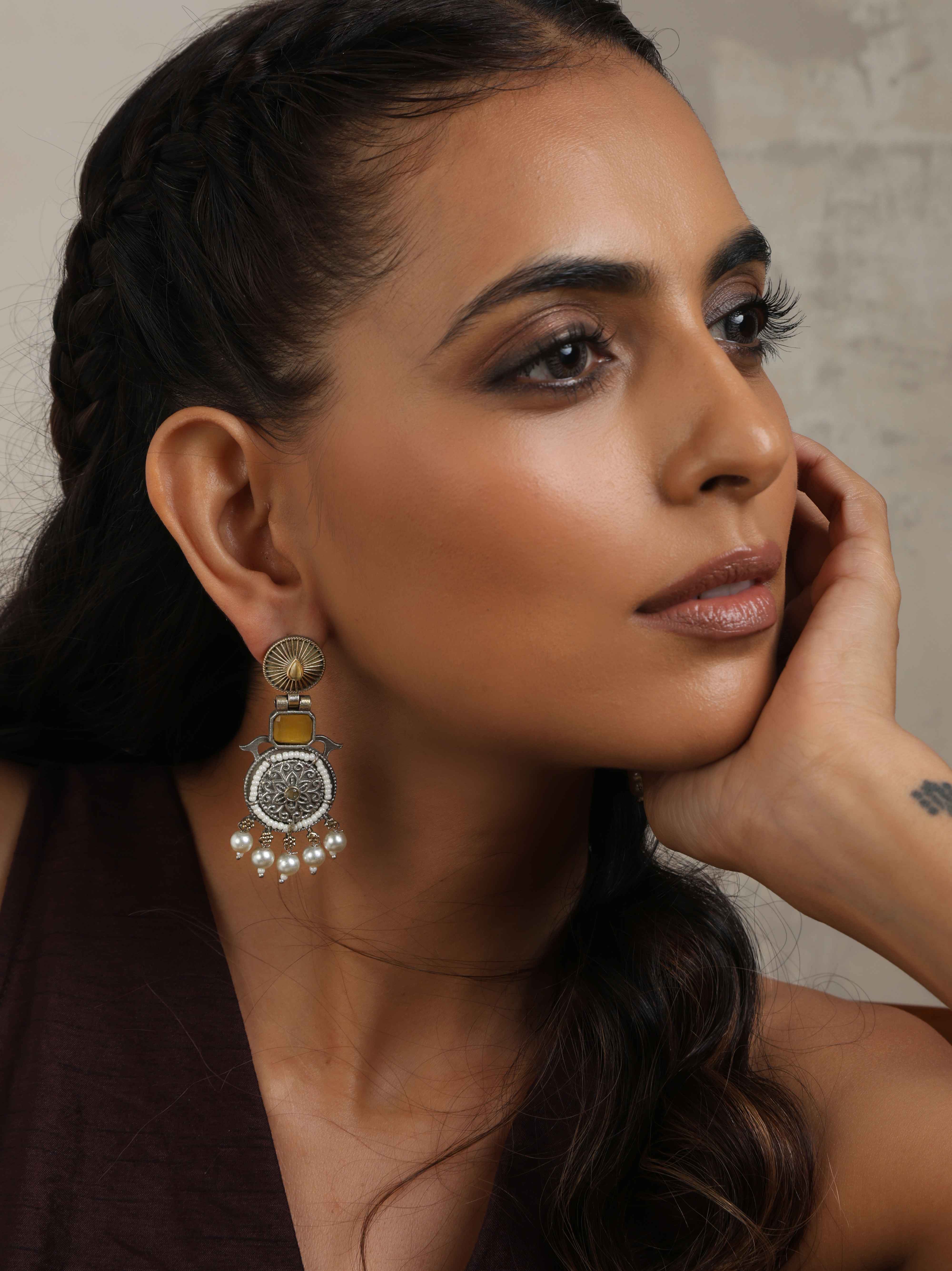 trueBrowns Silver Gold Tone Meenakari Pearl Drop Earrings - view 2