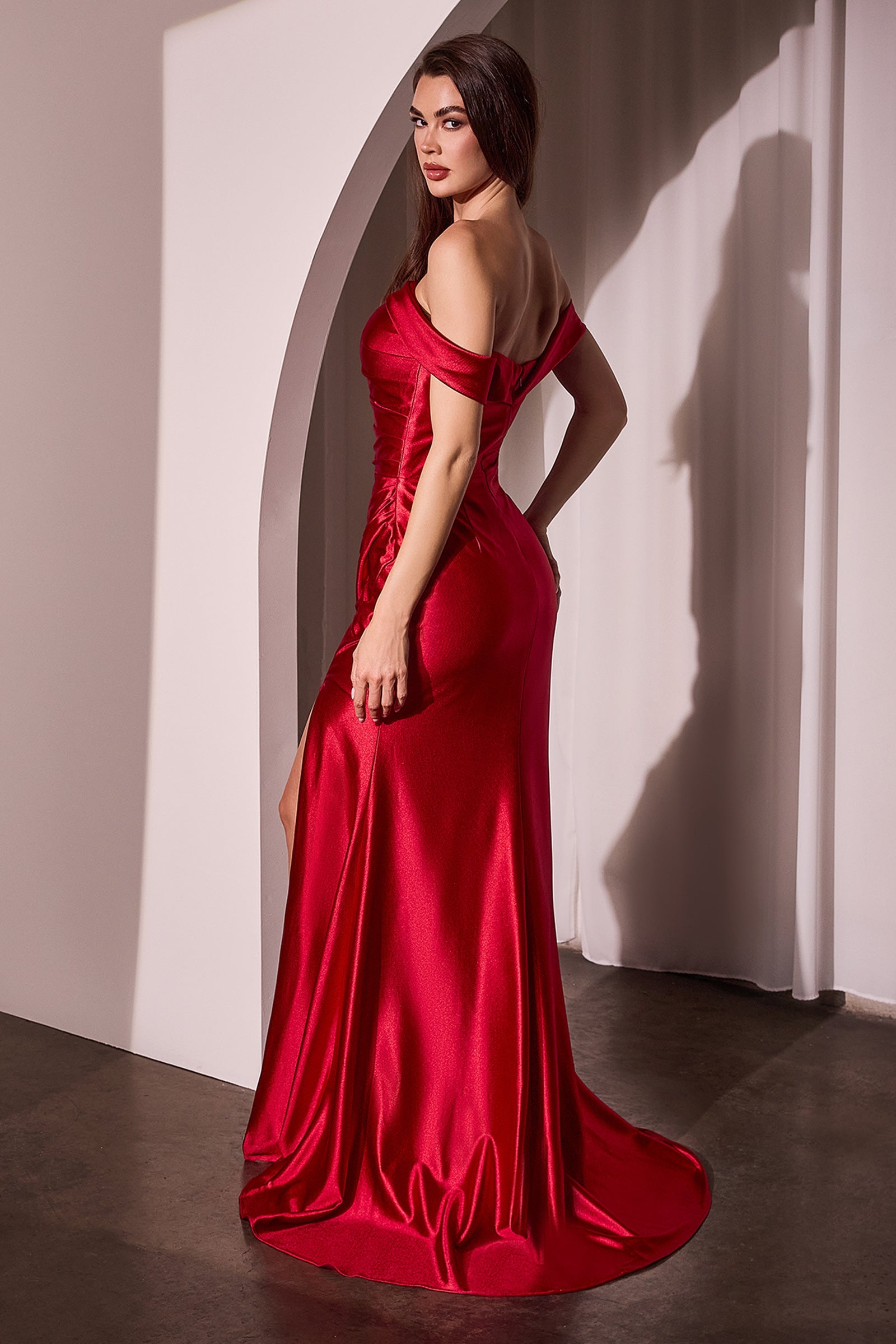 Cinderella Divine Satin Fitted Off Shoulder Slit Gown by Ladivine J877 - view 5