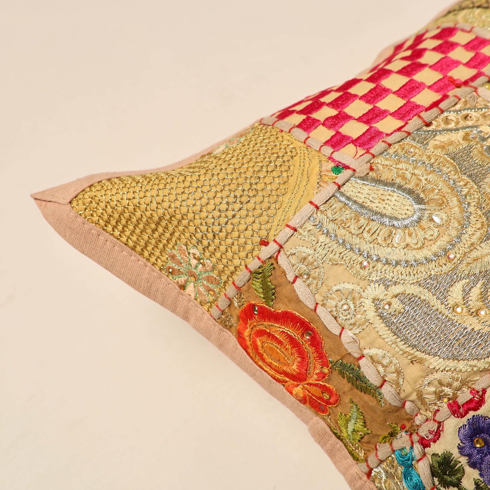 HAVELI CHRONICLES Beige - Elegant Khambadiya Patchwork Cushion Cover (16 x 16 in) 04 - view 2