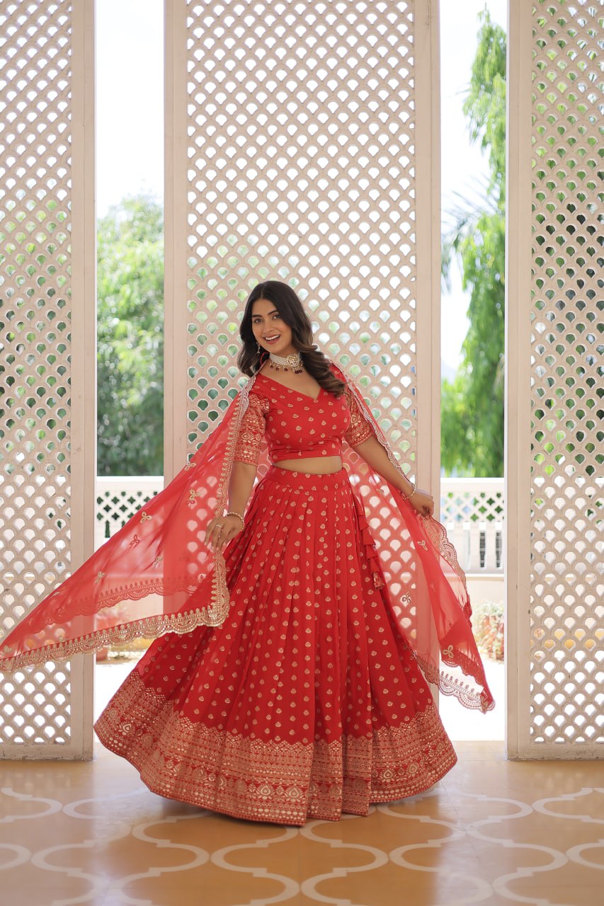ClothsVilla Red Enchanting Dayble Viscose Jacquard Lehenga Set with Double Zari Work