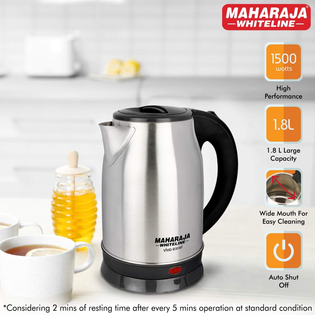 Maharaja Whiteline Viva Excel 1.8 Litre 1500 Watts Electric Kettle with Bis Plug | Silver & Black | 1 Pc - view 2