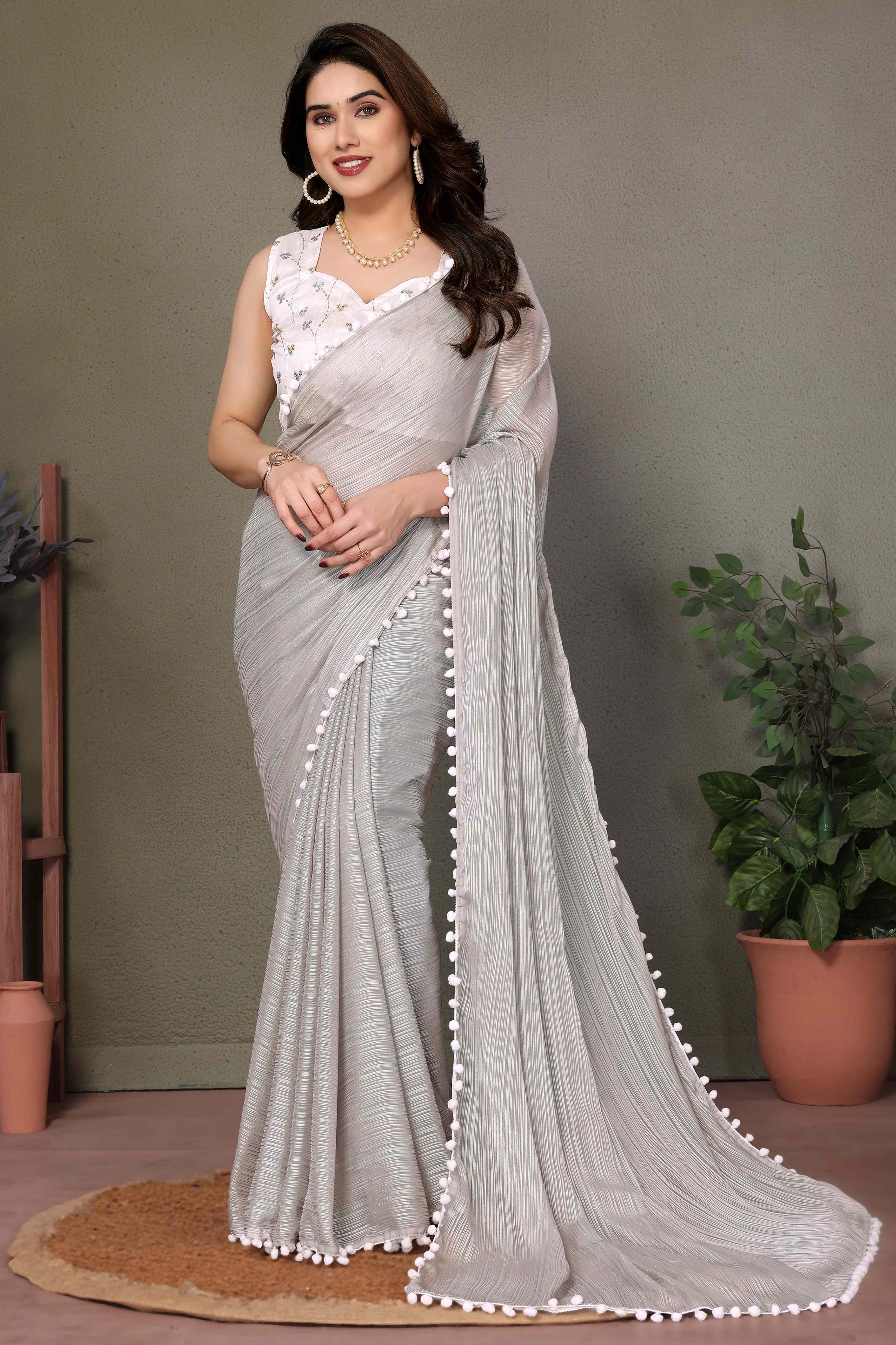 Peachmode Grey Zari Woven Satin Saree With Pompom Border
