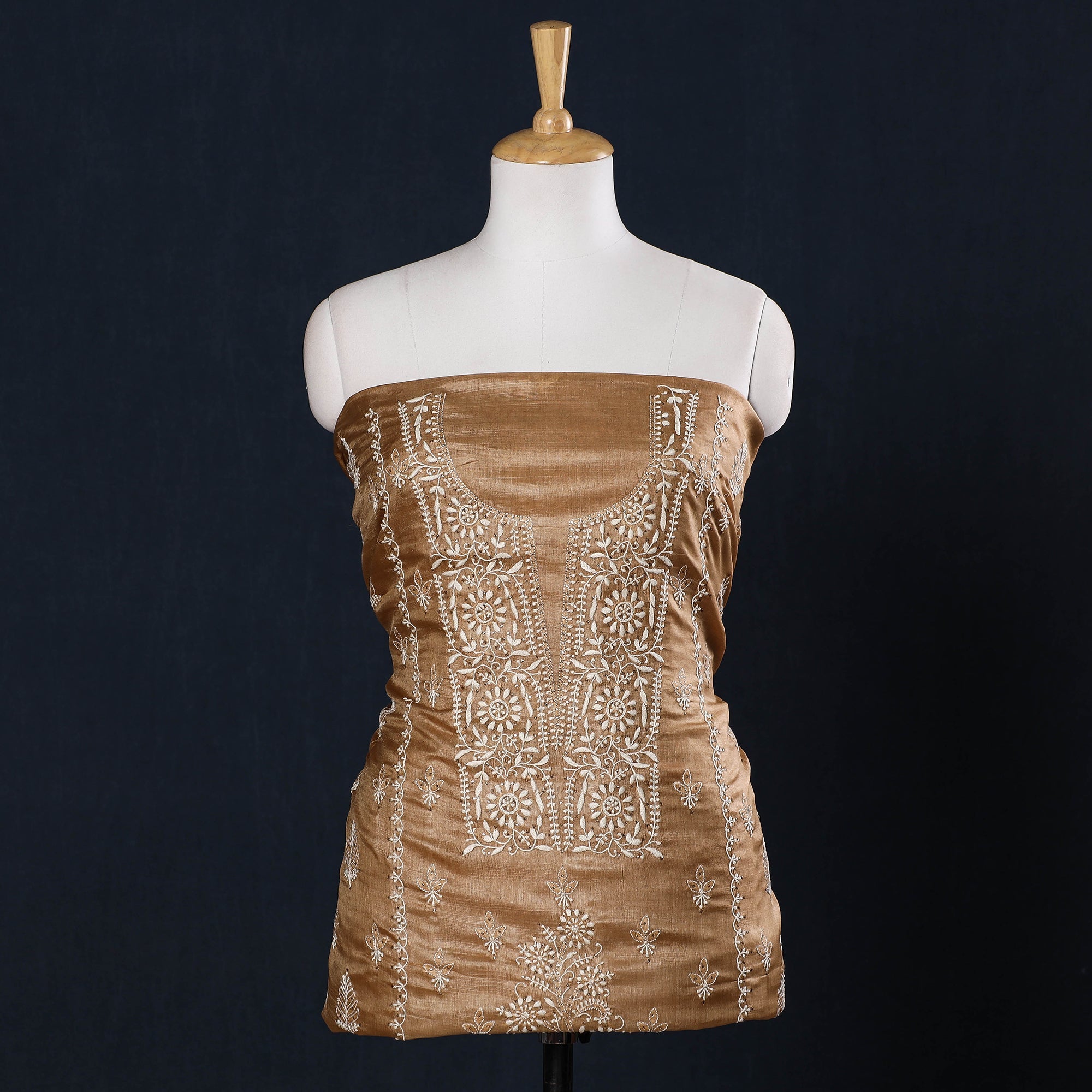 ITOKRI CRAFTS INITIATIVE Brown - Lucknow Chikankari Mukaish Hand Embroidery Tussar Silk Handloom Kurta Material - 2.9 Meter