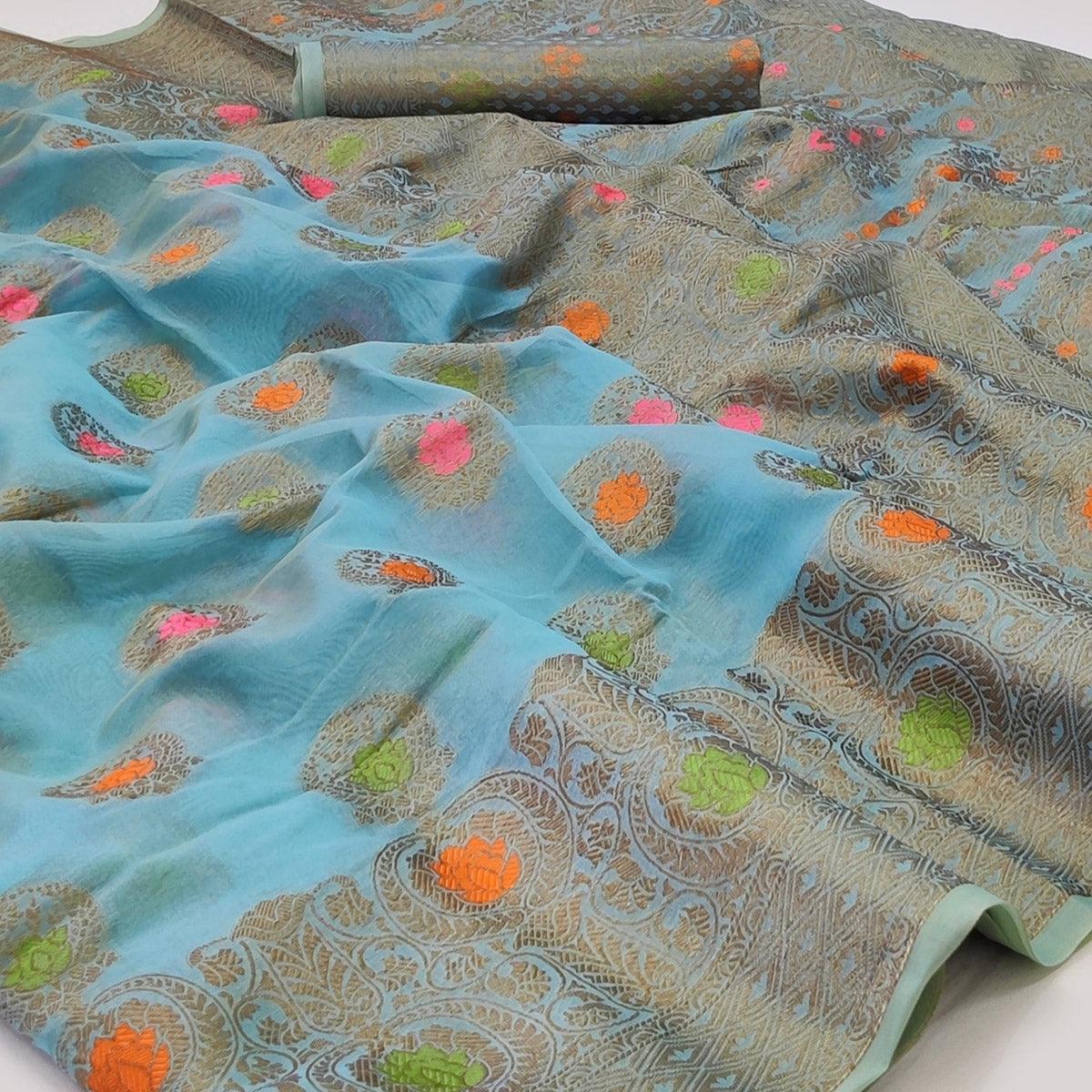 Peachmode Blue Woven Organza Saree – Women's - view 2