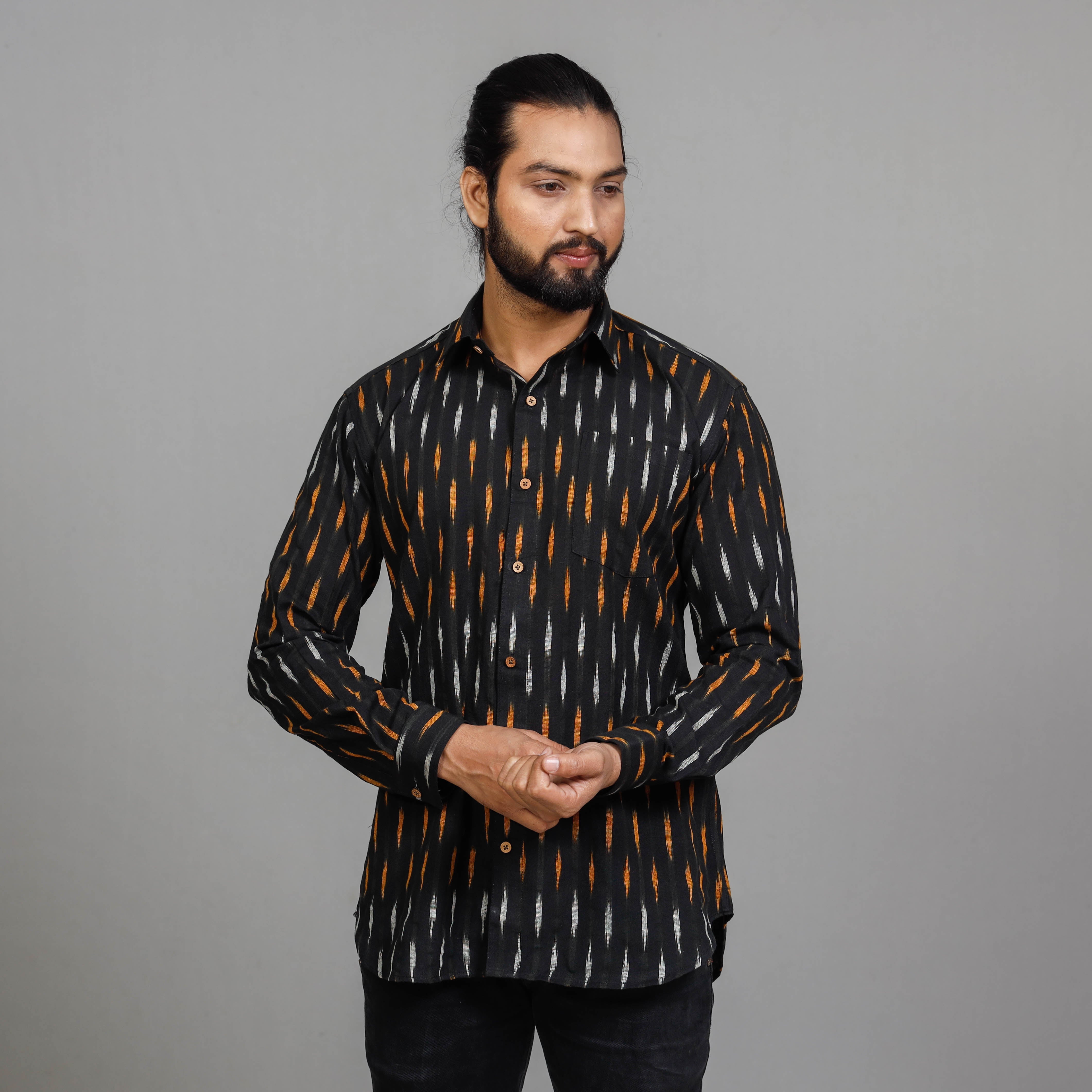 ITOKRI CASUALS Black - Men Pochampally Ikat Cotton Full Sleeve Shirt