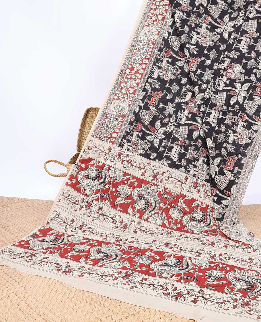 Pothys Black village theme machine-printed kalamkari cotton saree, contrast peacock border & intricate pallu