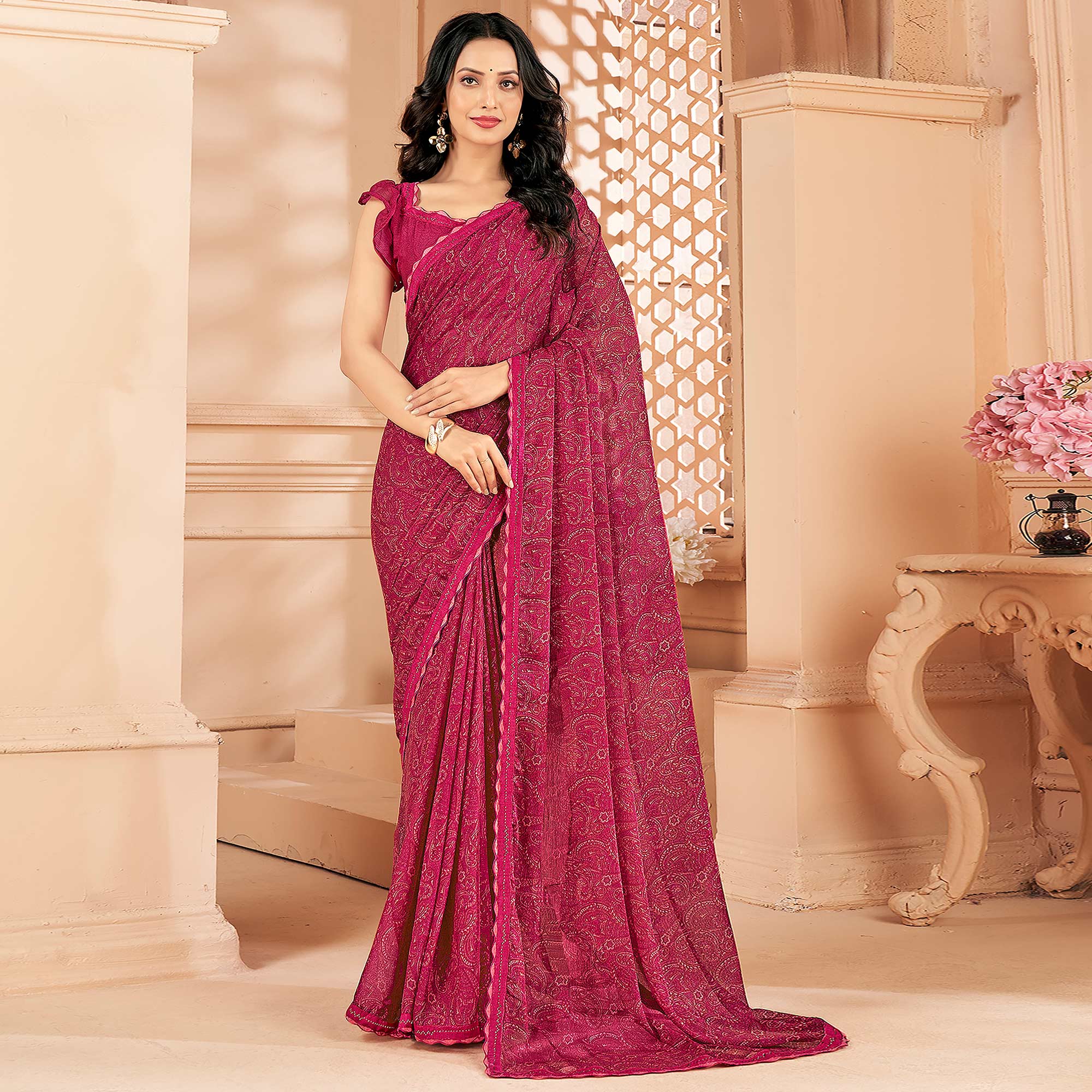 Peachmode Magenta Printed Chiffon Saree With Lace Border