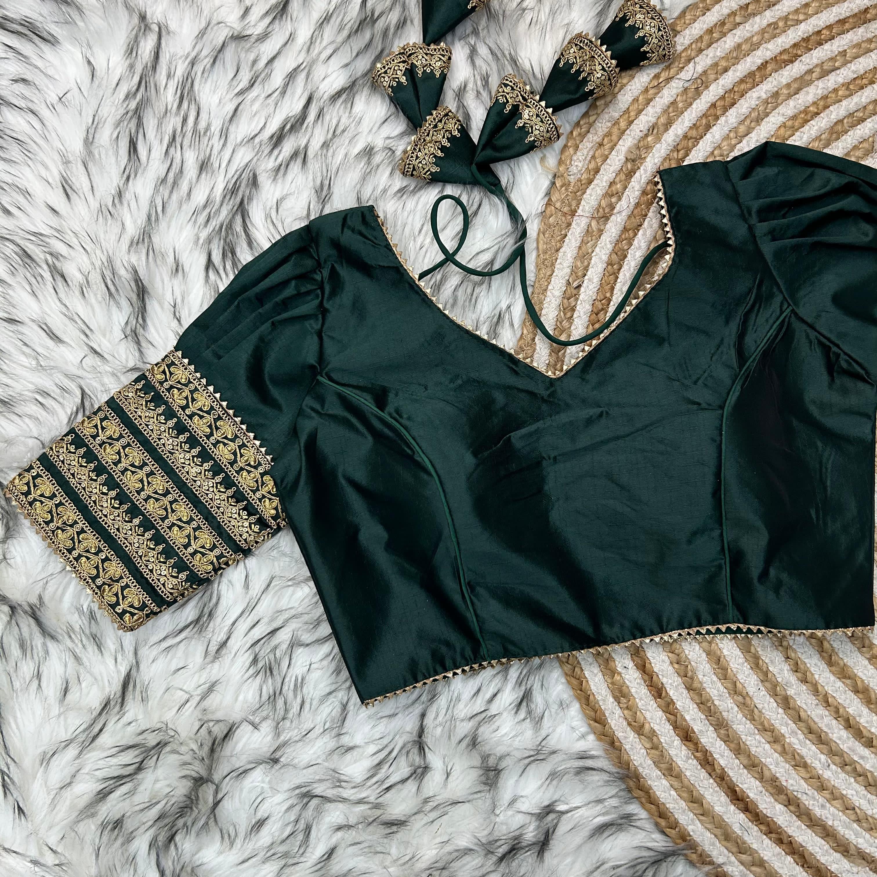 ClothsVilla Dark Green Kilmora Silk Blouse with Handcrafted Embroidery and Sequence Accents