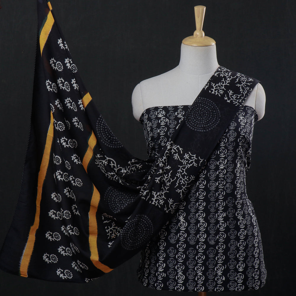 ARTISAN HAND BLOCK PRINTS Black - 3pc Hand Block Printed Cotton Suit Material Set