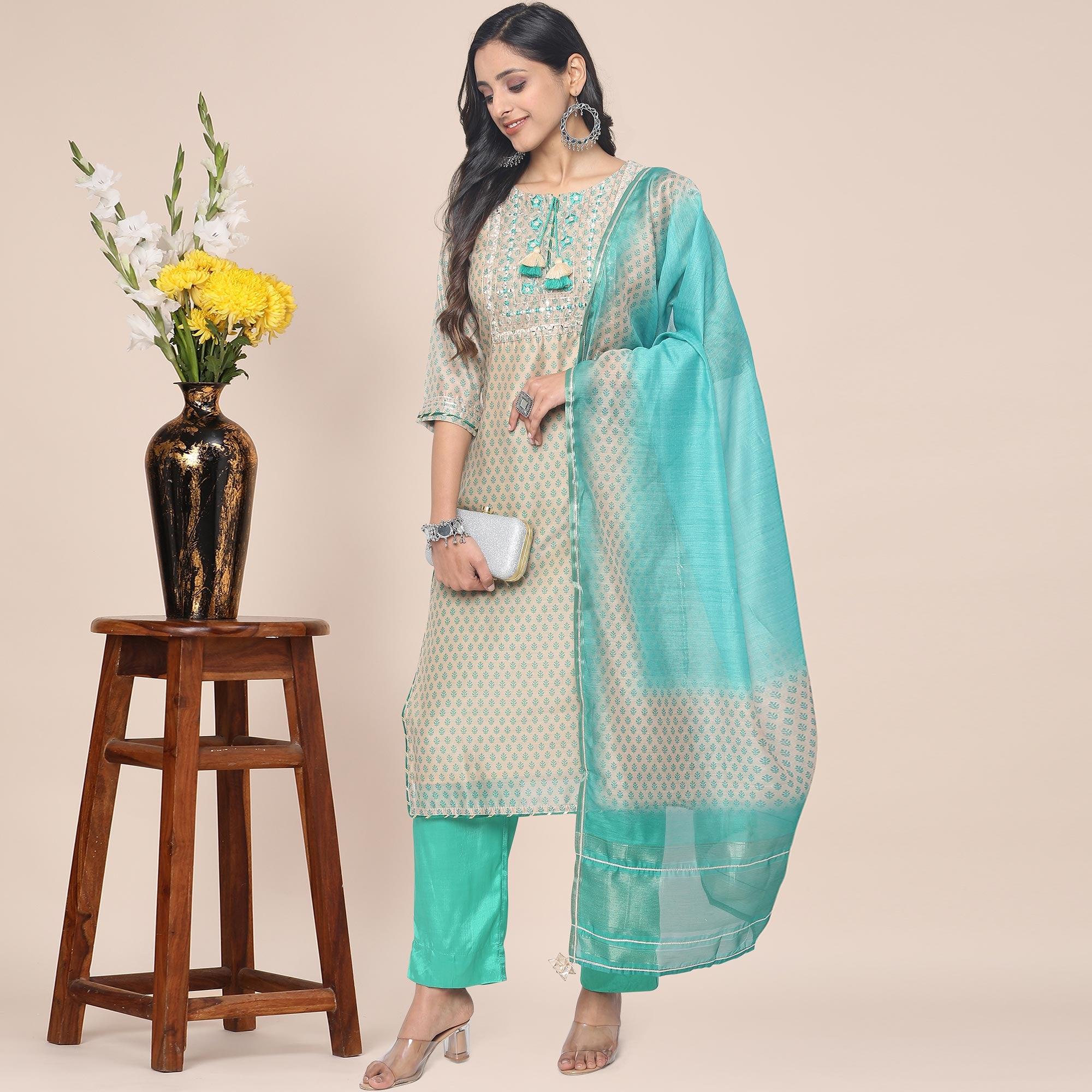Peachmode Cream Patywear Embroidered Muslin Kurti Pant Set With Dupatta - view 6