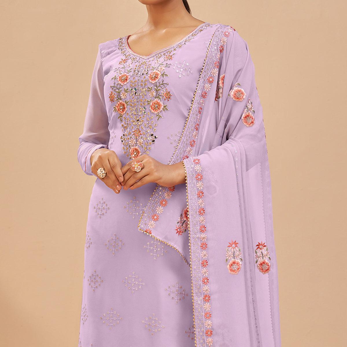 Peachmode Lavender Party Wear Embroidered Georgette Suit - view 5