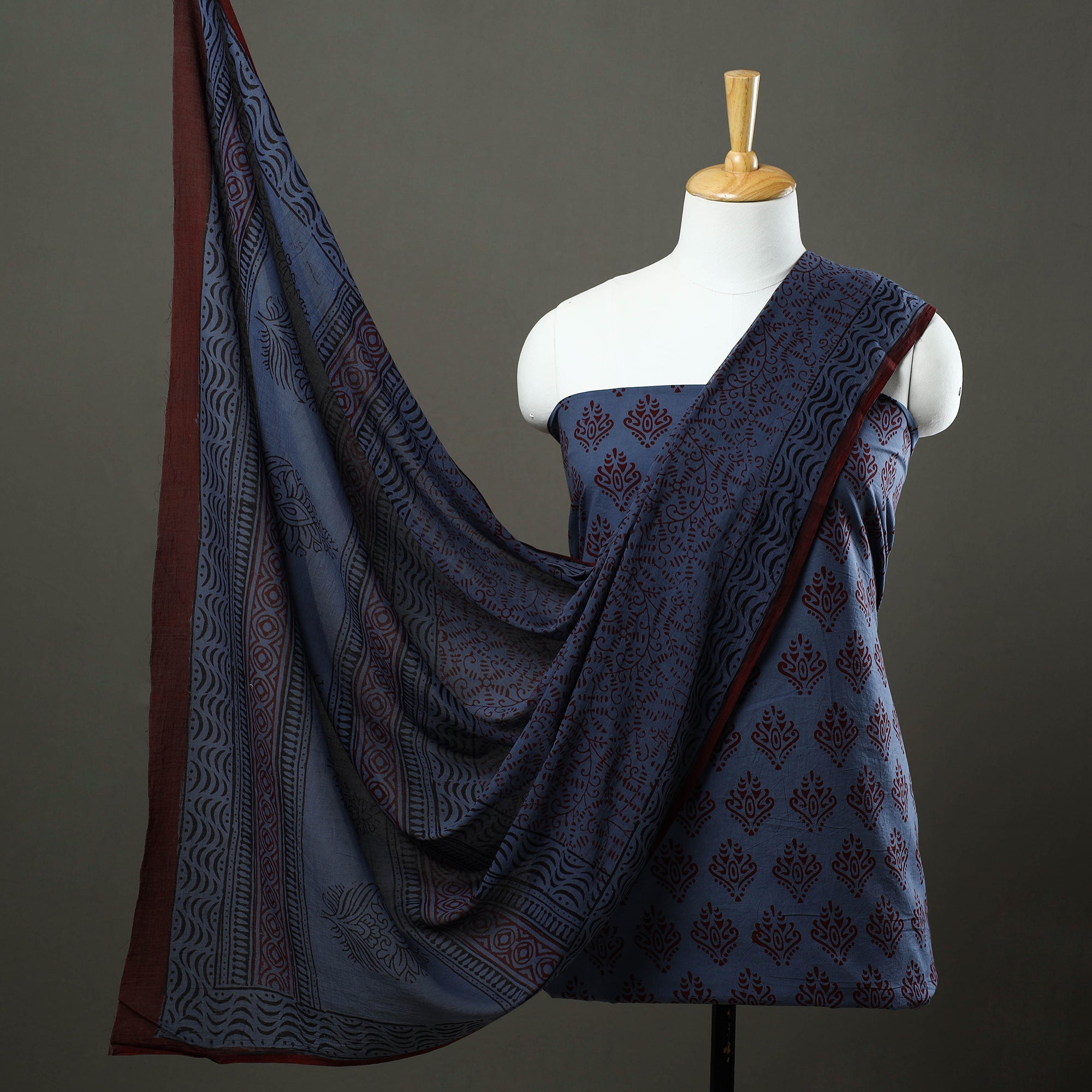 BAGH PRINTS BY YAKOOB KHATRI Blue - 3pc Natural Dyed Cotton Bagh Print Dress Material 01