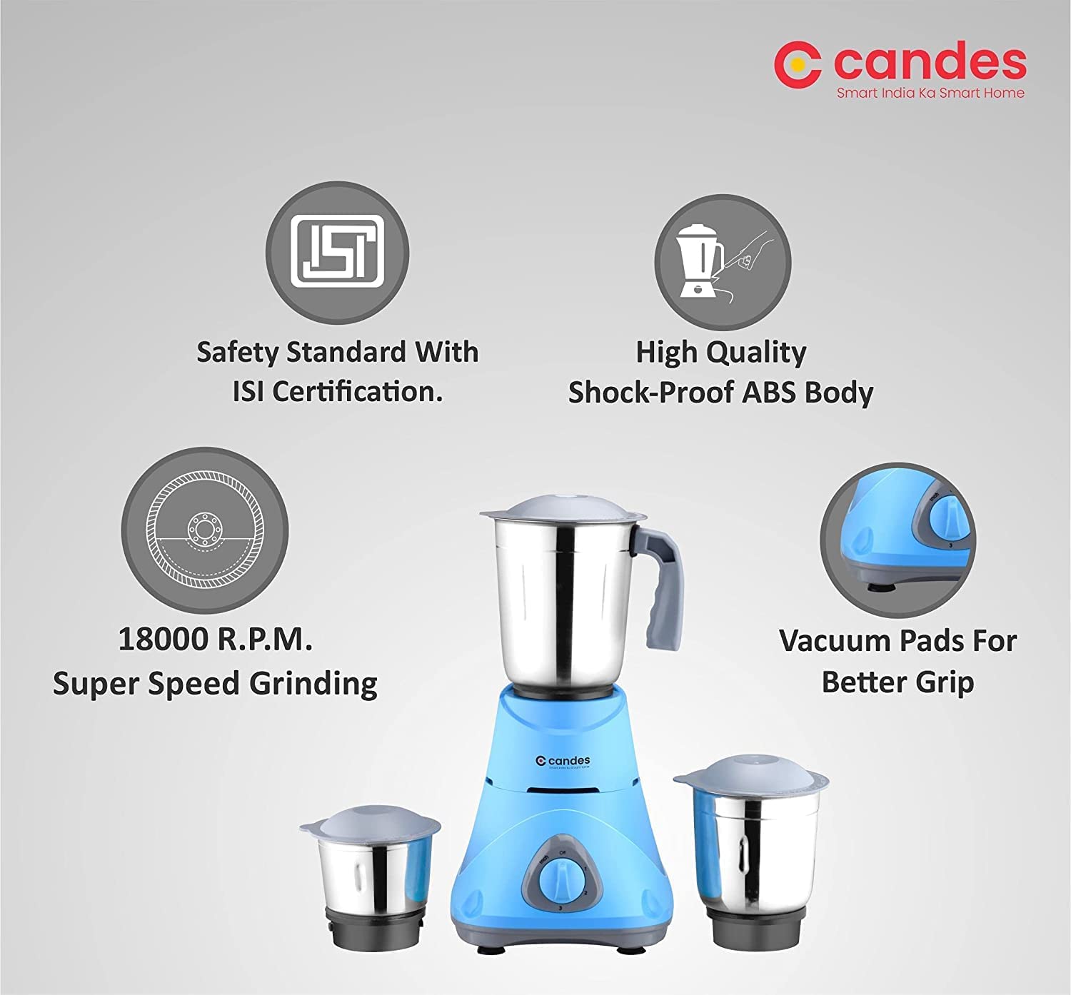 Candes Bolt 550-Watt Mixer Grinder with 3 Jars, Powerful Motor and 2 Year Warranty on Motor, (Blue Grey) + Quick Hand Vegetables & Fruit Chopper Green - view 4
