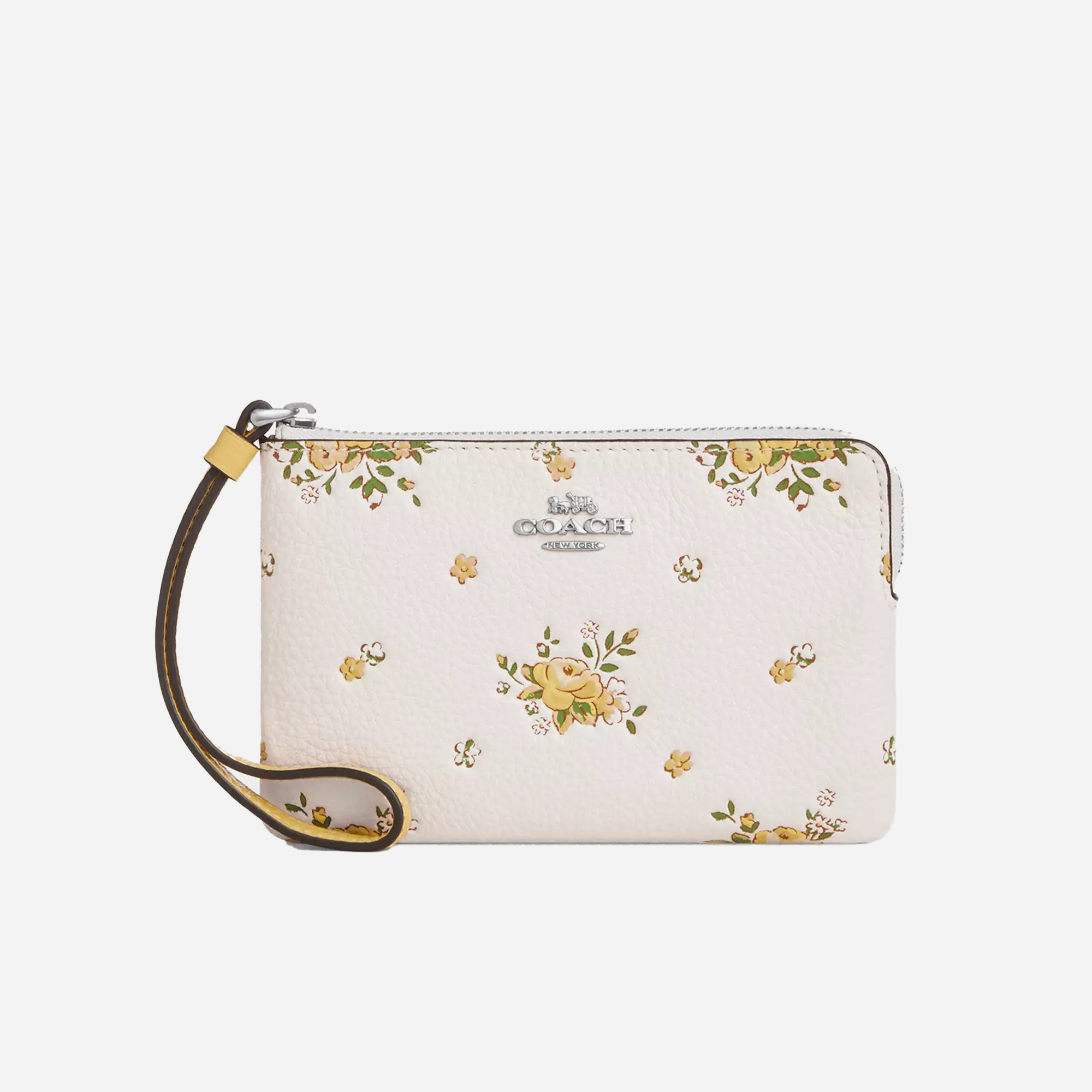 COACH Corner Zip Wristlet With Floral Print Silver/Chalk Multi