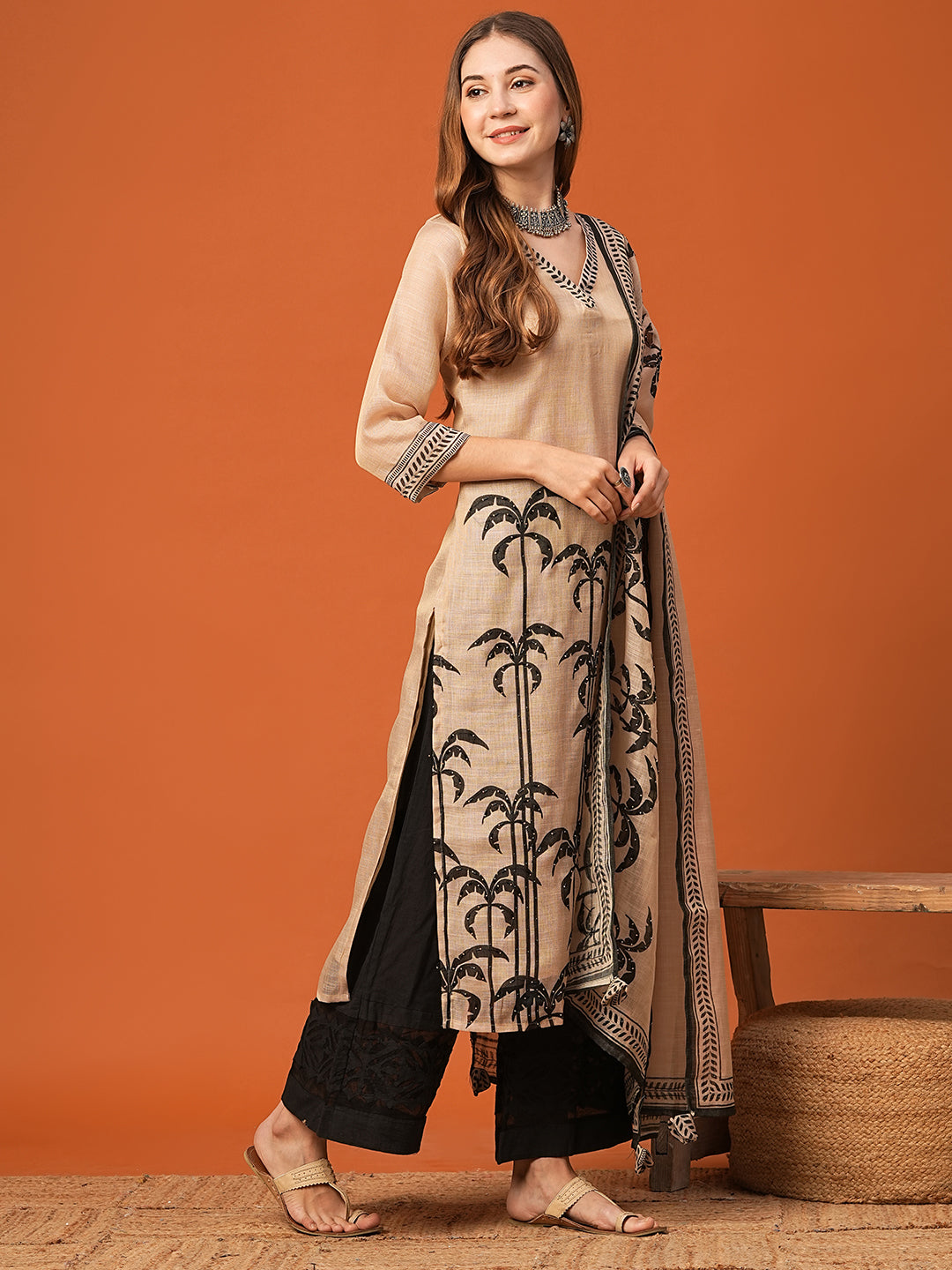 Fashor Ethnic Floral Printed & Embroidered Straight Kurta with Dupatta - Beige - view 3