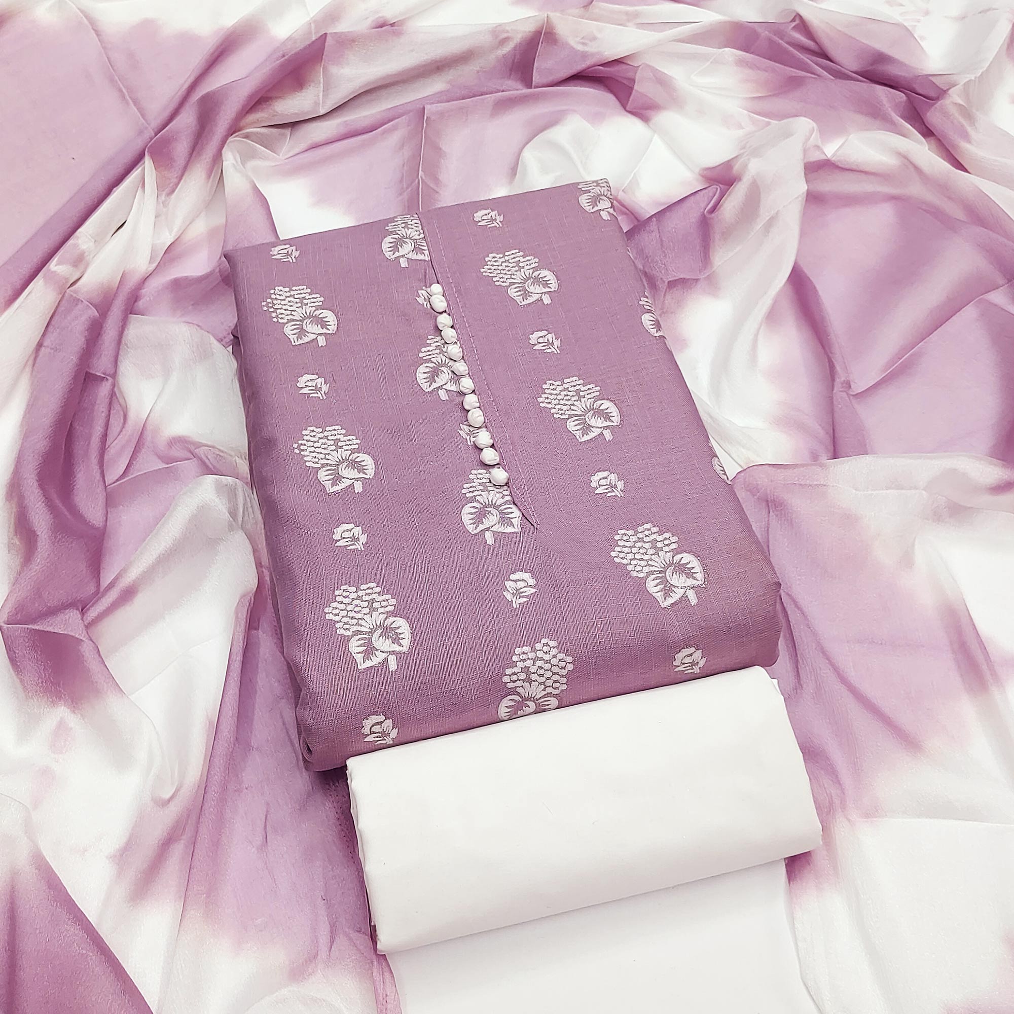 Peachmode Lavender Floral Foil Printed Cotton Blend Dress Material