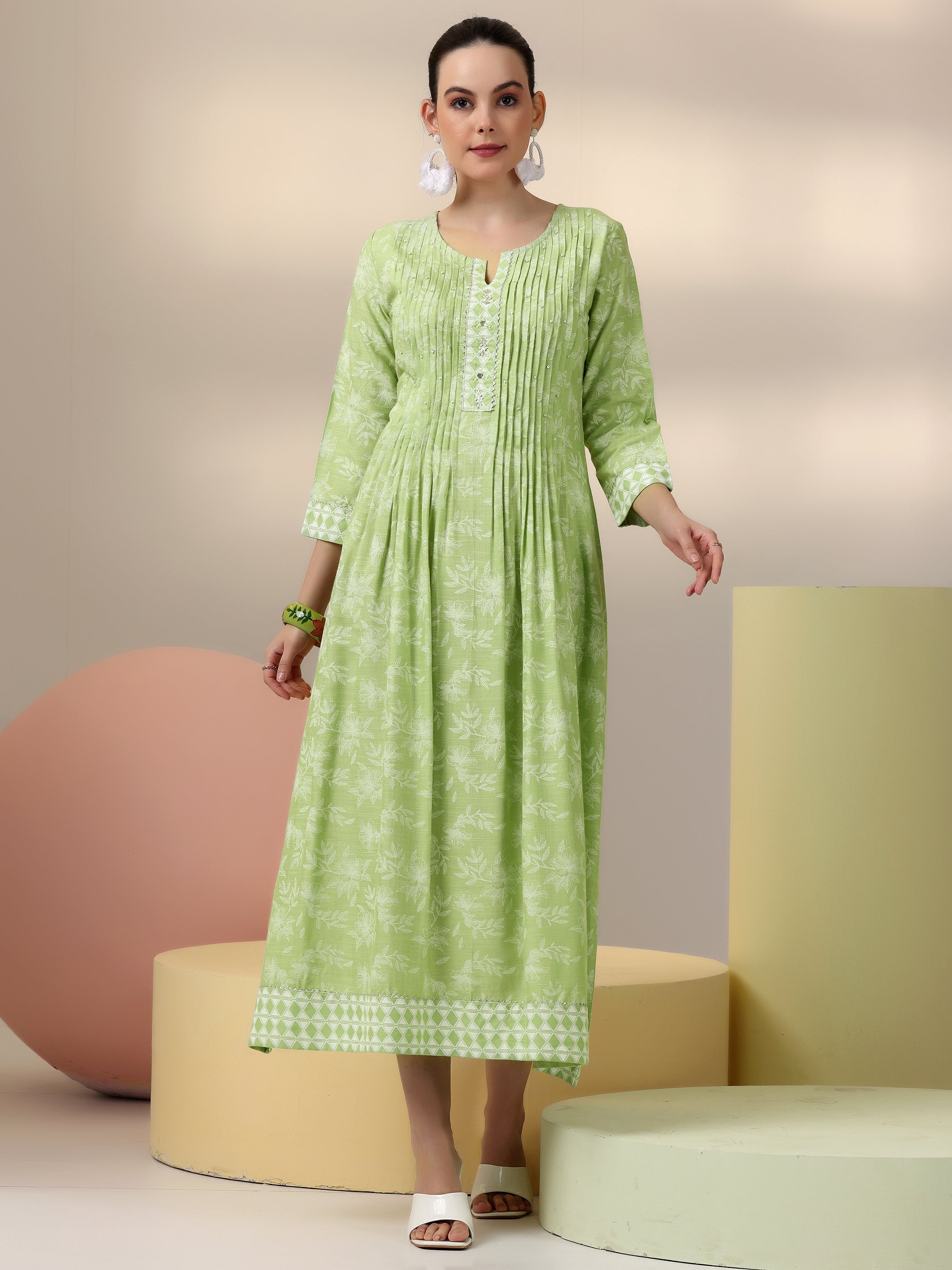 Libas Green Printed Cotton A-Line Dress - view 2