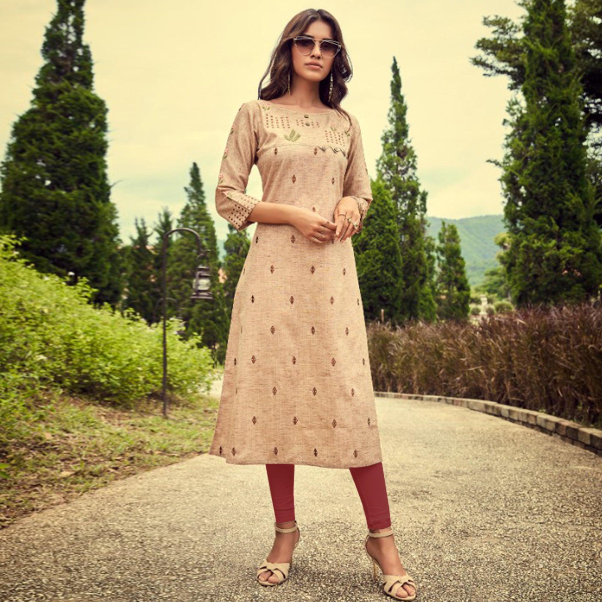 Peachmode Flaunt Beige Colored Partywear Embroidered Cotton Slub Kurti-Pant Set