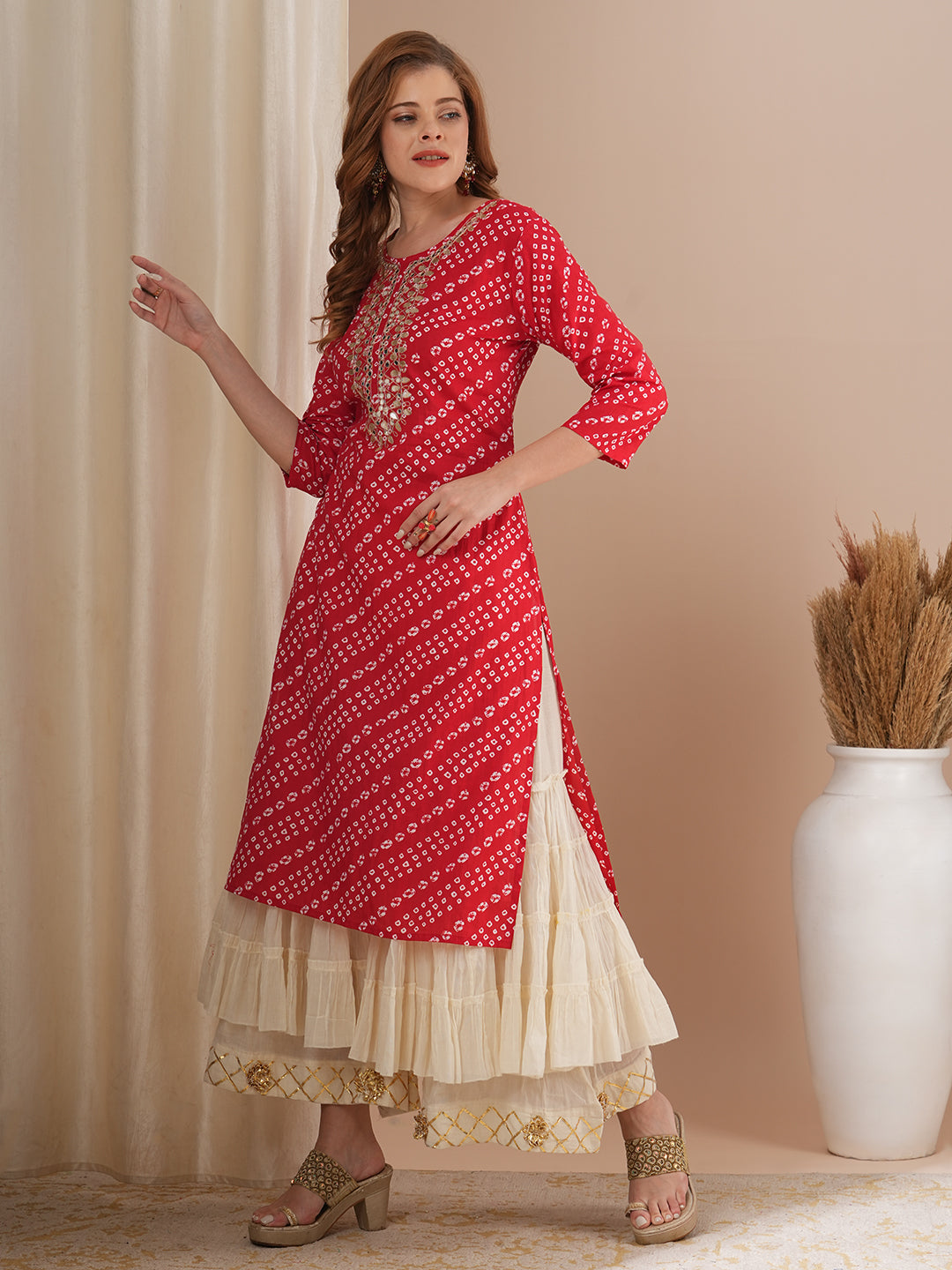 FASHOR Bandhani Printed & Gota Patti Embroidered Straight Fit Kurta - Red - view 4
