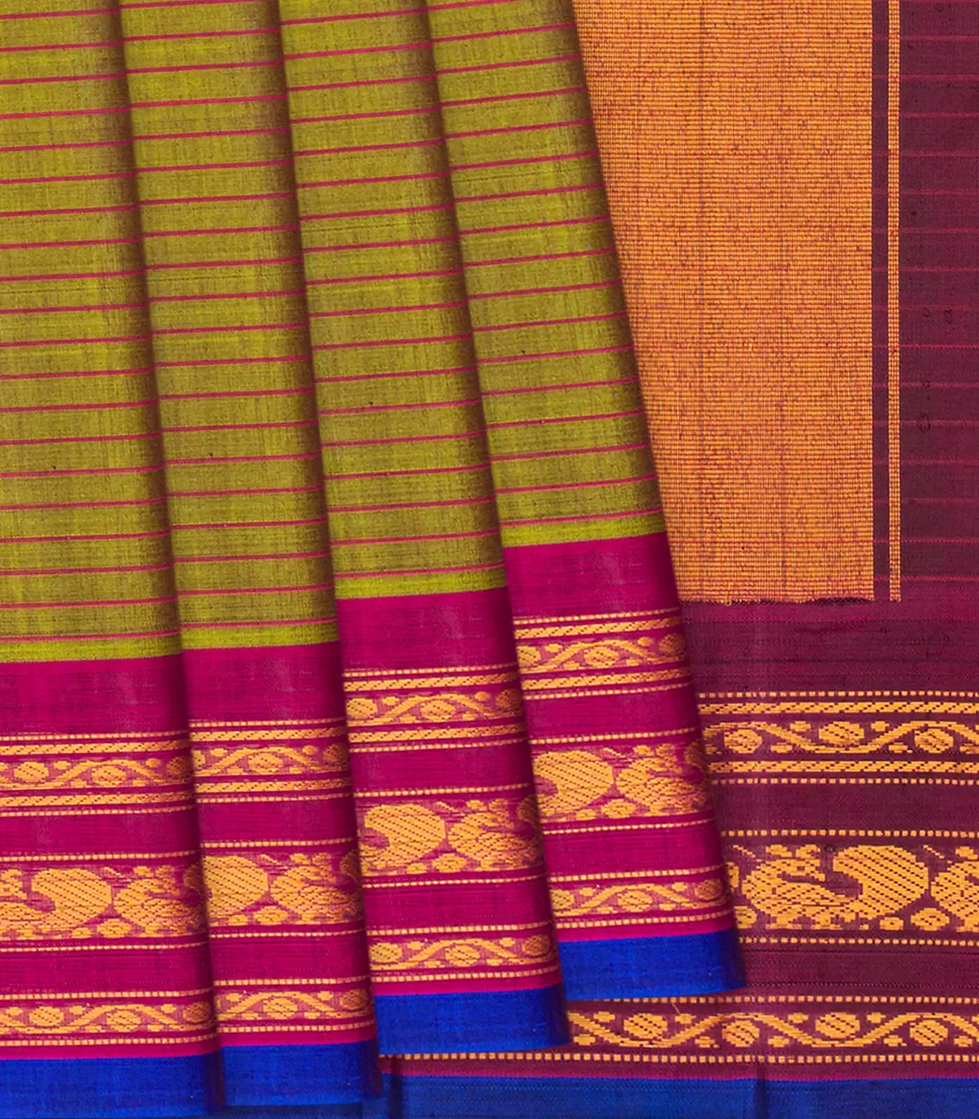 RmKV Sage Green Handloom Gadwal Cotton Saree With Stripes -Sage Green