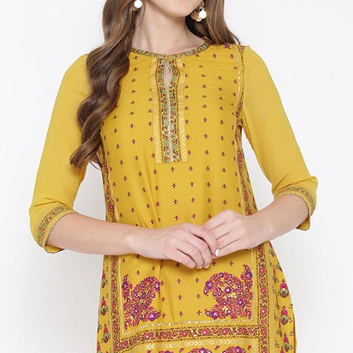 Peachmode Seller Charismatic Yellow Floral Printed Casual Wear Poly Muslin Kurti - view 2