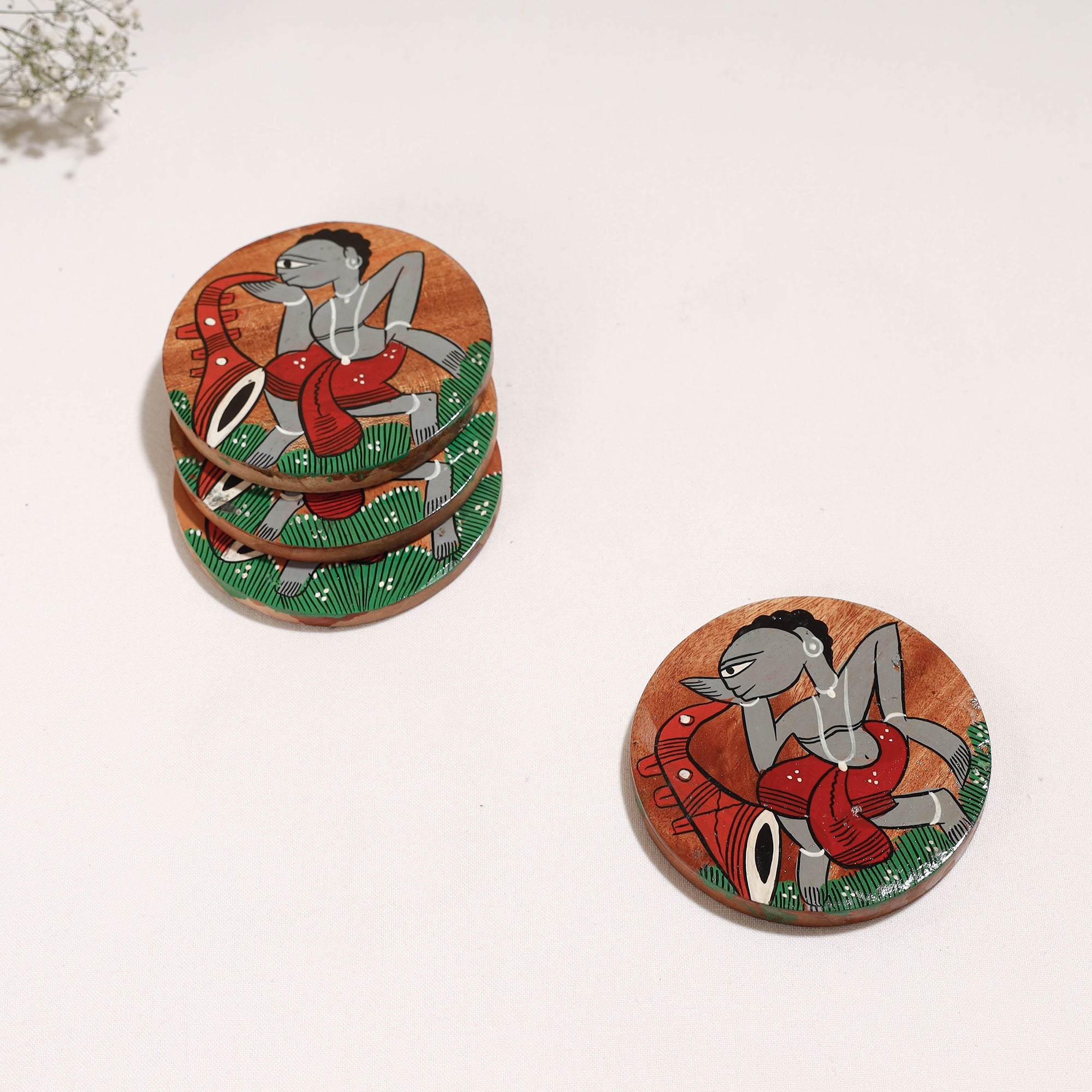 ITOKRI CRAFTS INITIATIVE Bengal Patua Handpainted Akashmoni Wooden Coasters (Set of 4) - view 3