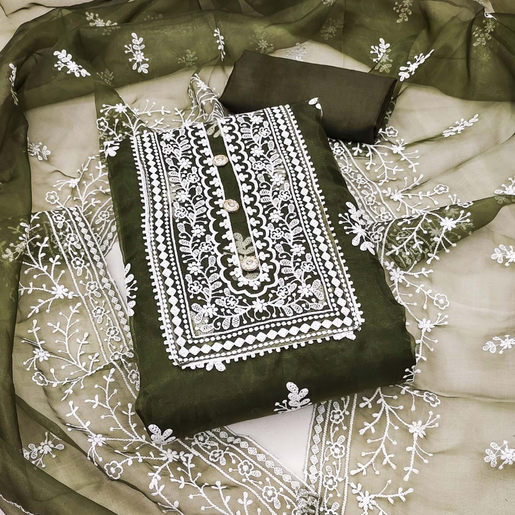 Peachmode Mehendi Green Floral Embroidered Organza Dress Material