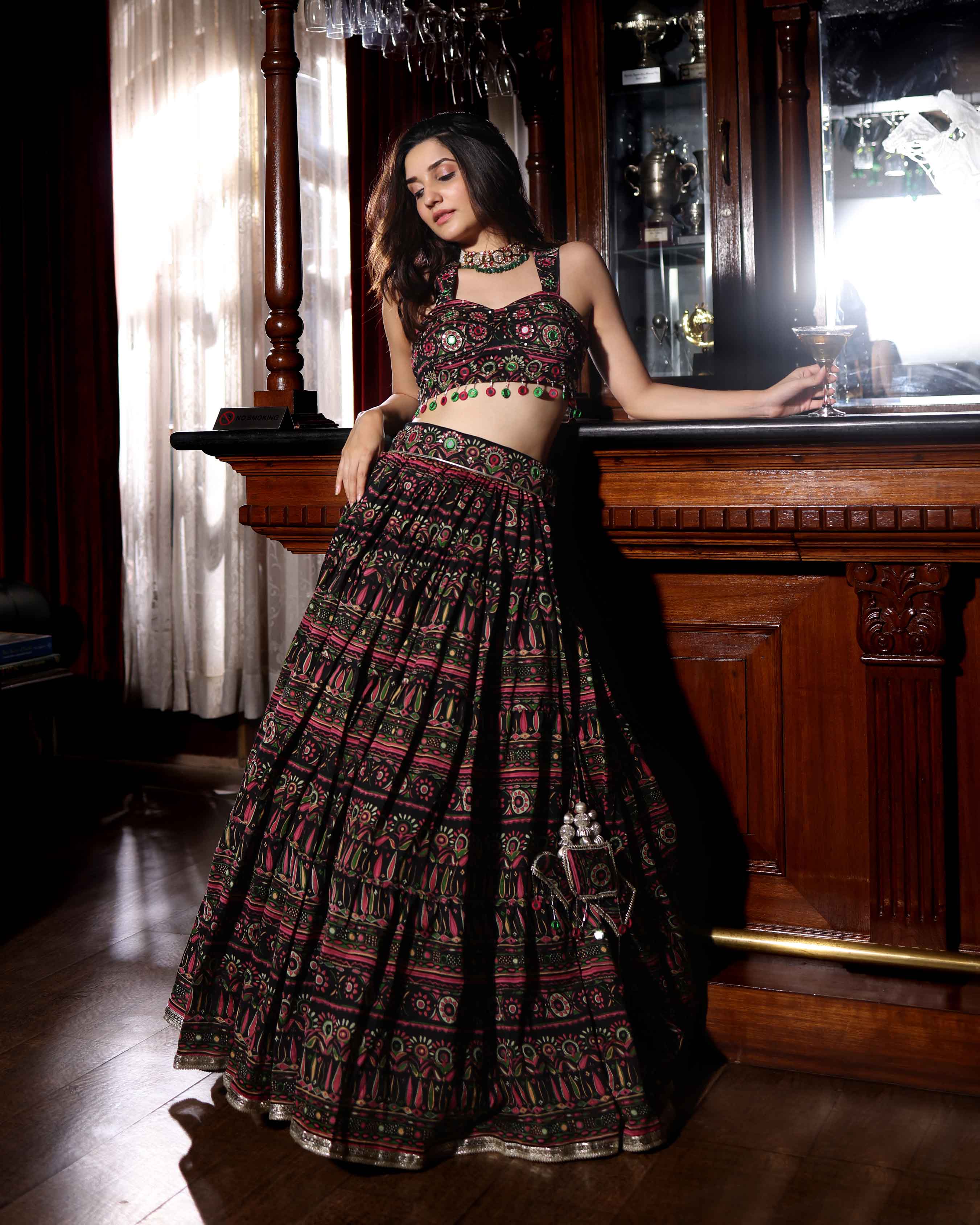 Aachho Mighty Black Mirror Work Printed Chanderi Lehenga Set