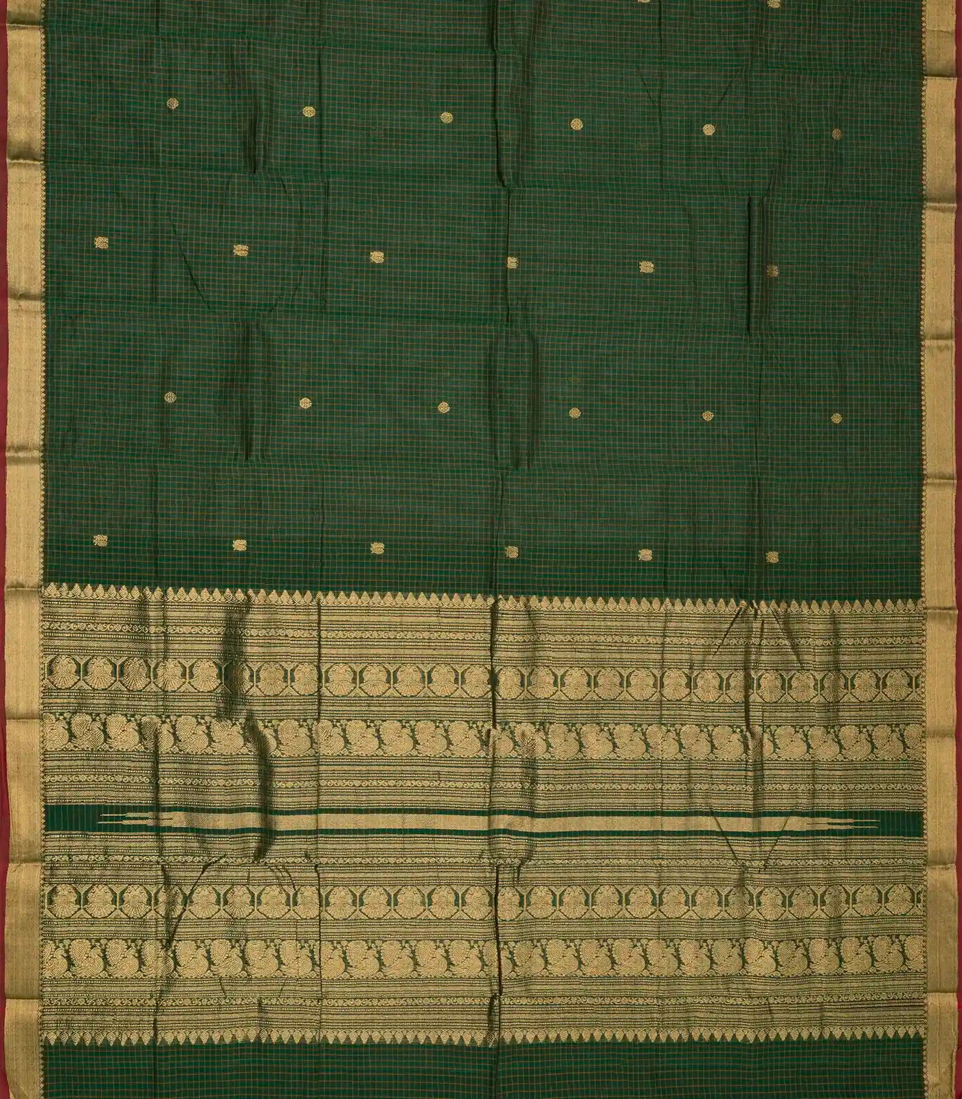RmKV Bottle Green Handloom Kanchi Cotton Saree With Checks & Zari Buttas - view 2