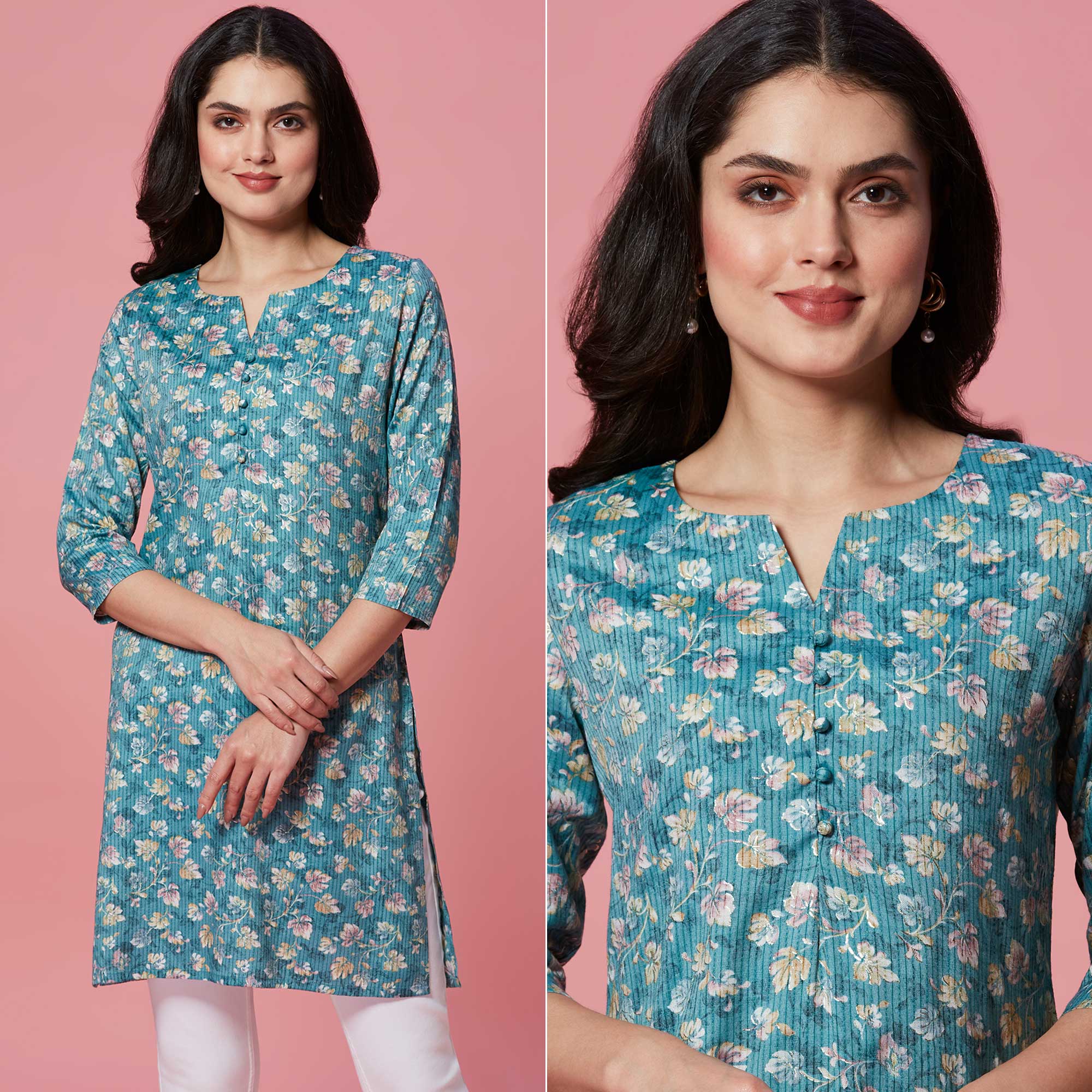 Peachmode Turquoise Floral Printed Pure Cotton Straight Kurti
