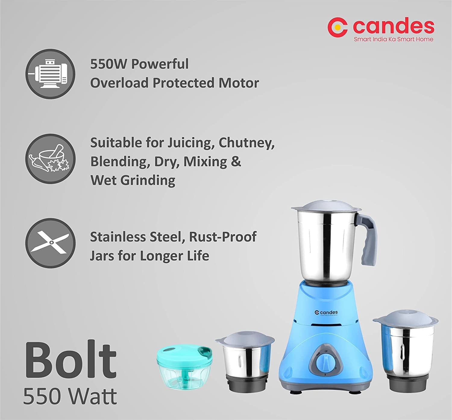 Candes Bolt 550-Watt Mixer Grinder with 3 Jars, Powerful Motor and 2 Year Warranty on Motor, (Blue Grey) + Quick Hand Vegetables & Fruit Chopper Green - view 3