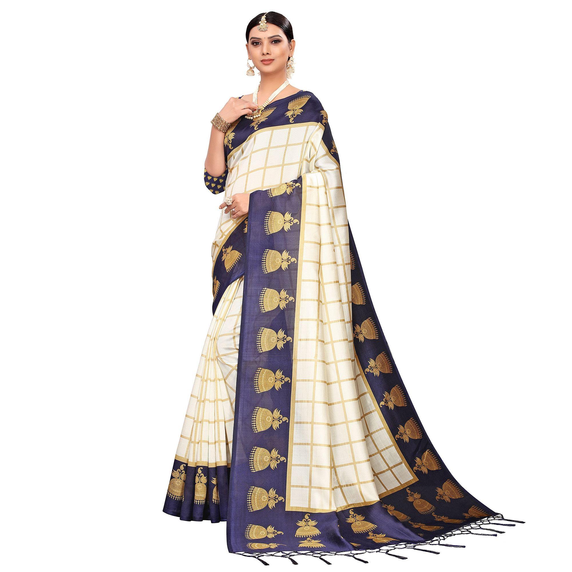 Peachmode Delightful Off White-Navy Blue Colored Festive Wear Printed Mysore Silk Saree