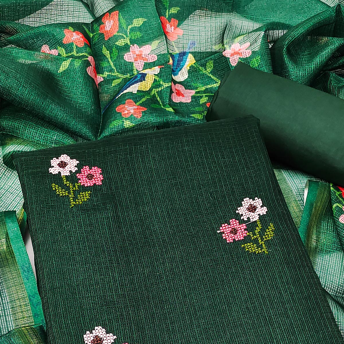 Peachmode Dark Green Floral Embroidered Kota Doria Dress Material - view 2
